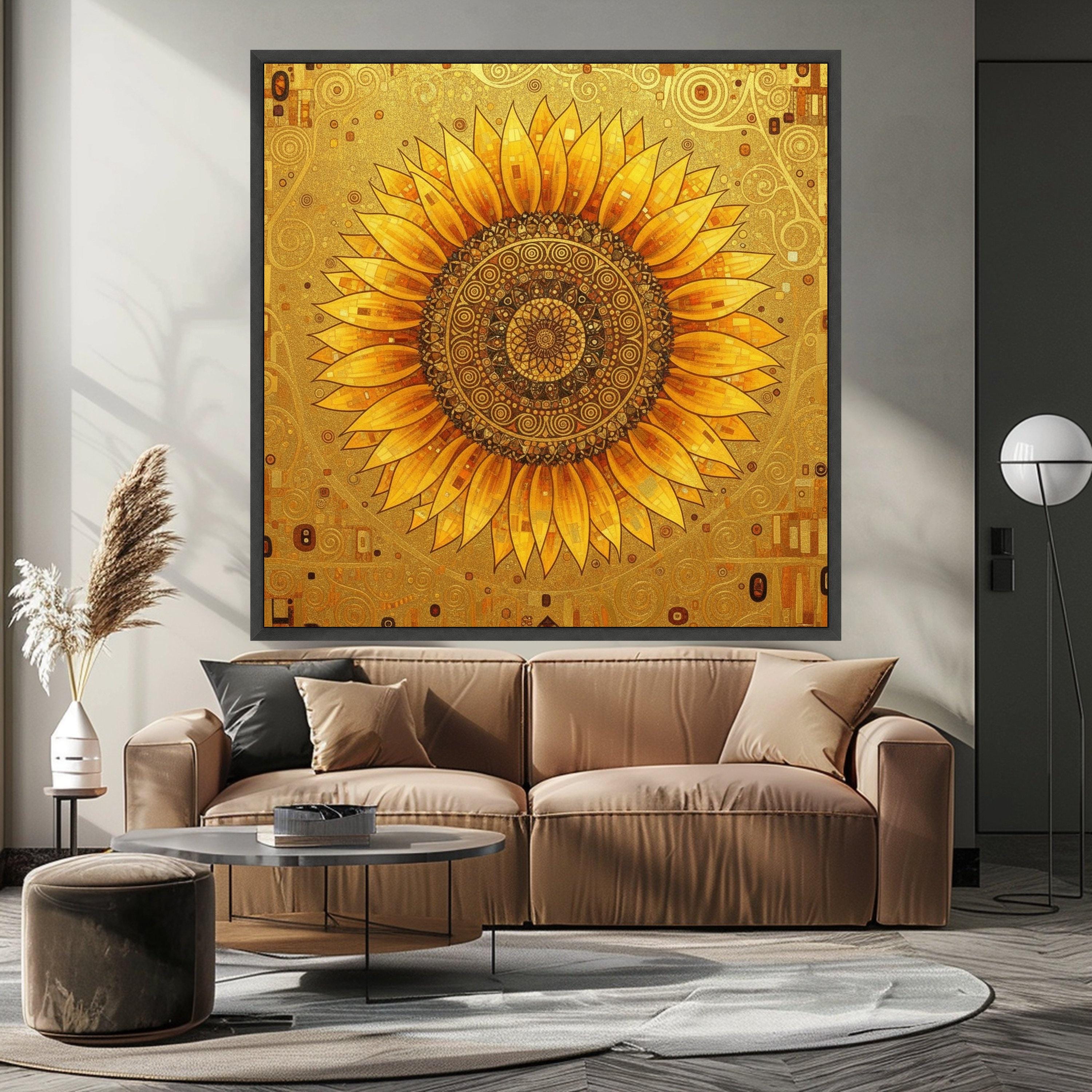 Golden Sunflower Mandala Canvas, Gustav Klimt Floral Wall Art, Abstract Botanical Canvas, Modern Home Decoration, Ready to Ready To Hang,