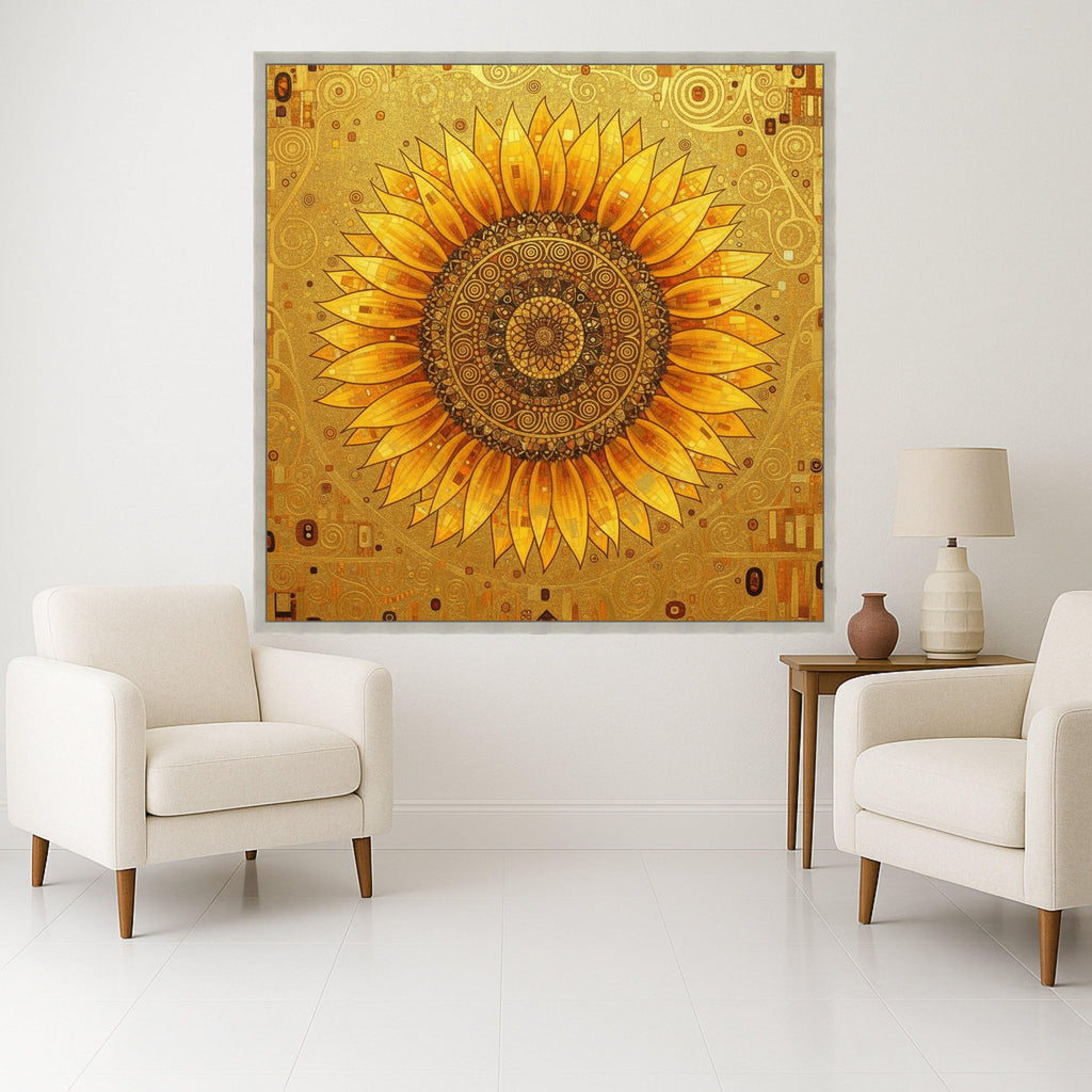 Golden Sunflower Mandala Canvas, Gustav Klimt Floral Wall Art, Abstract Botanical Canvas, Modern Home Decoration, Ready to Ready To Hang,