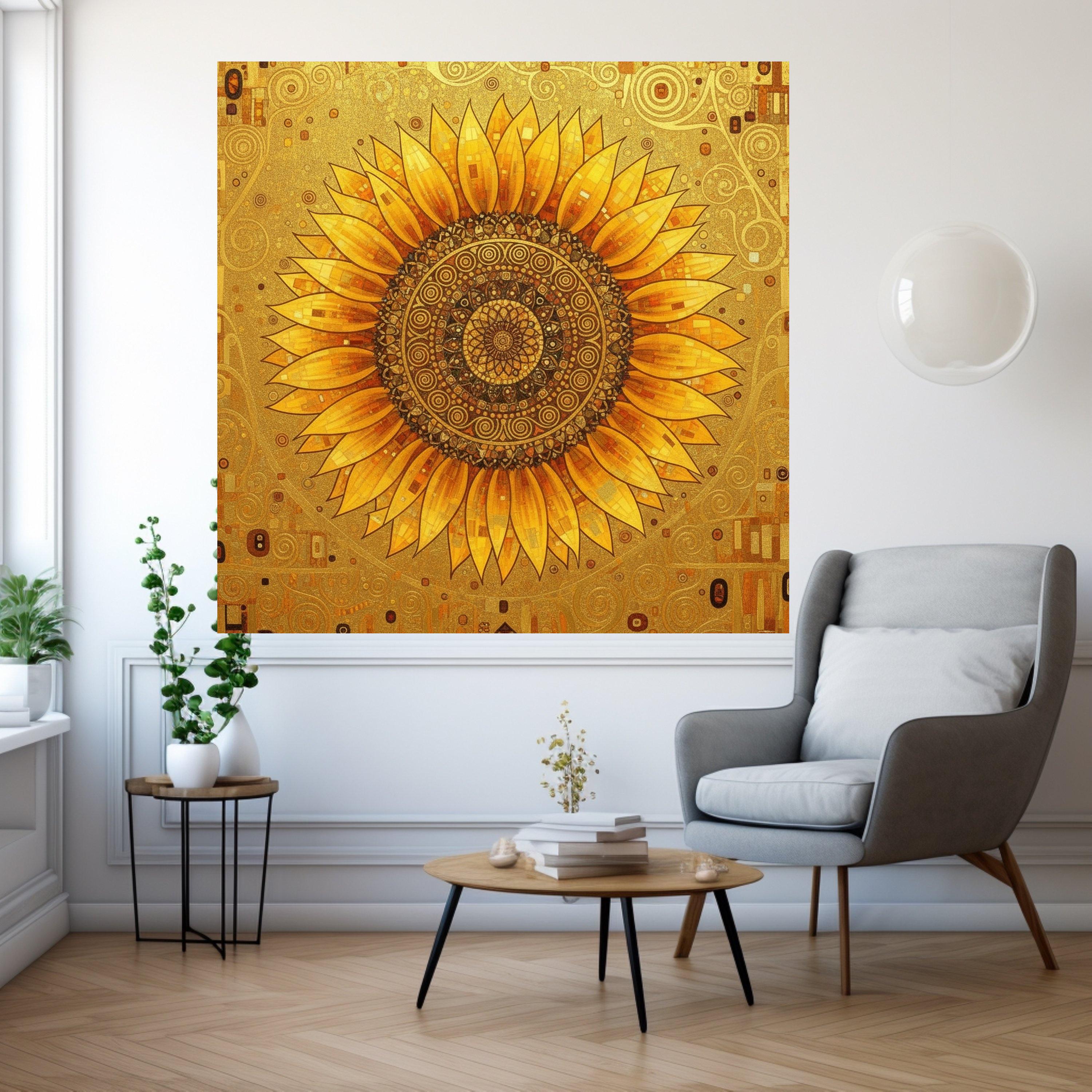 Golden Sunflower Mandala Canvas, Gustav Klimt Floral Wall Art, Abstract Botanical Canvas, Modern Home Decoration, Ready to Ready To Hang,
