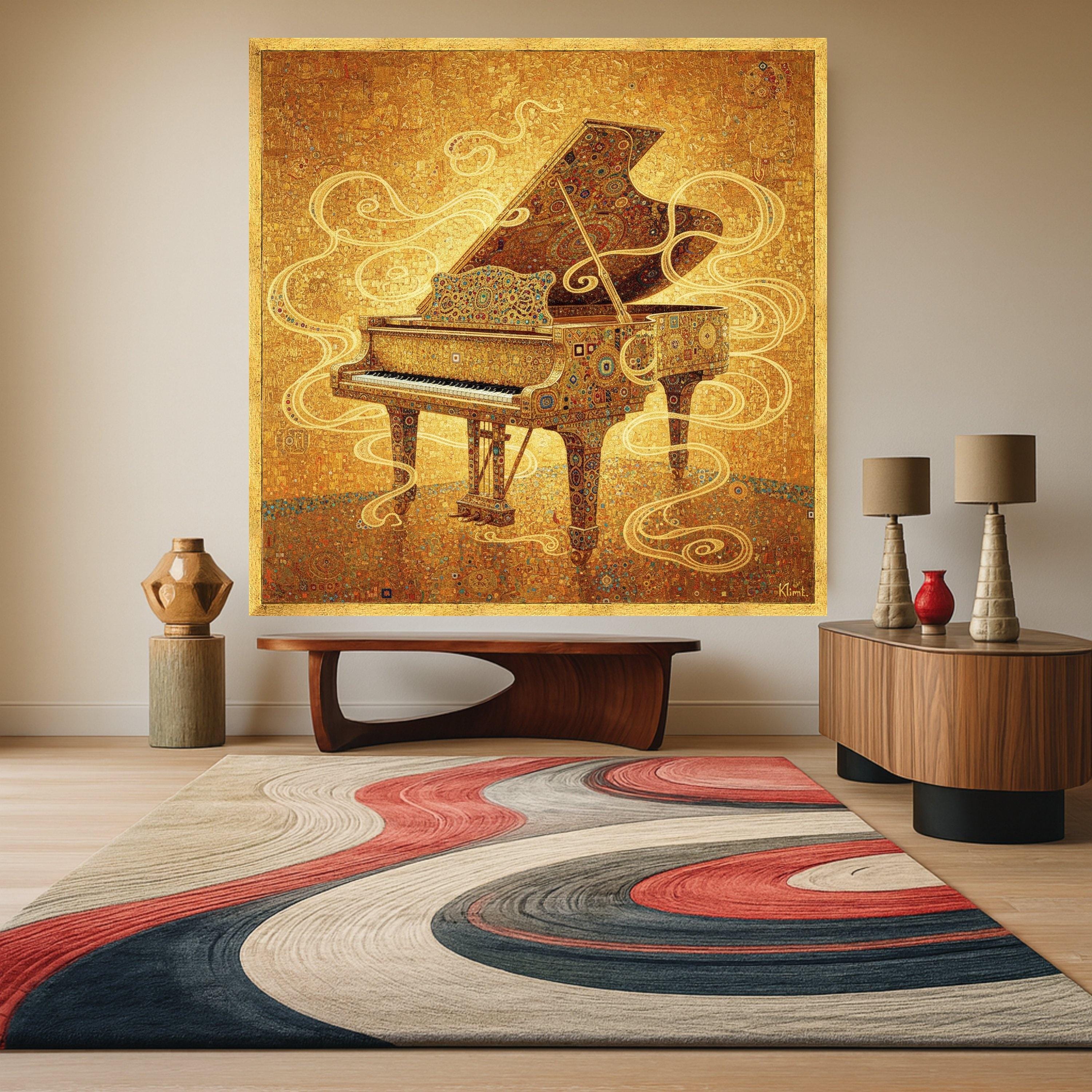 Gustav Klimt Grand Piano Canvas Wall Art, Golden Decorative Music Theme, Ornate Piano Painting, Artistic Home Decor, Ready to Ready To Hang,