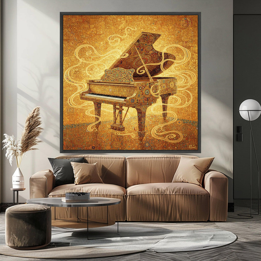 Gustav Klimt Grand Piano Canvas Wall Art, Golden Decorative Music Theme, Ornate Piano Painting, Artistic Home Decor, Ready to Ready To Hang,