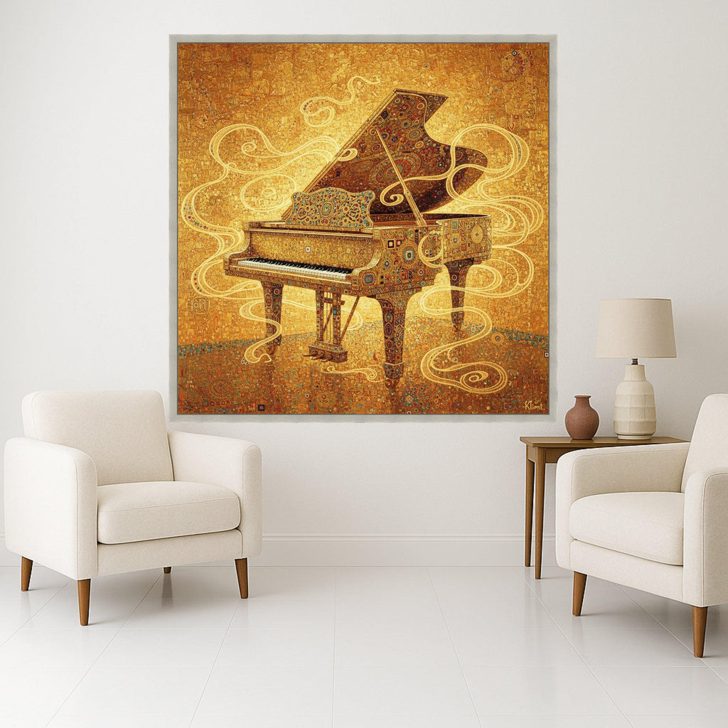 Gustav Klimt Grand Piano Canvas Wall Art, Golden Decorative Music Theme, Ornate Piano Painting, Artistic Home Decor, Ready to Ready To Hang,