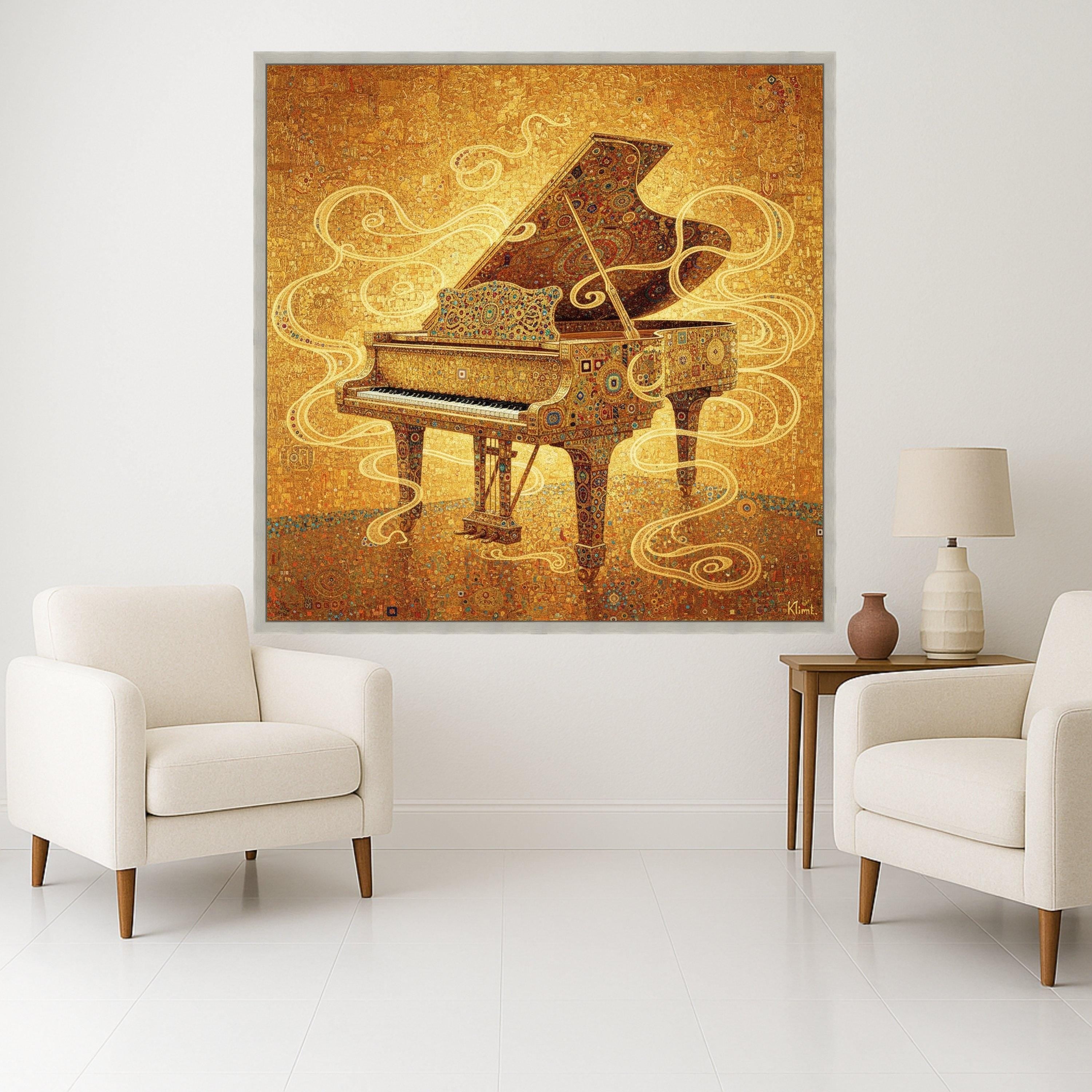 Gustav Klimt Grand Piano Canvas Wall Art, Golden Decorative Music Theme, Ornate Piano Painting, Artistic Home Decor, Ready to Ready To Hang,
