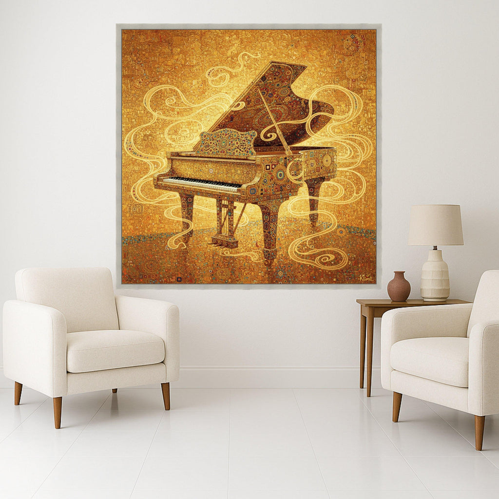Gustav Klimt Grand Piano Canvas Wall Art, Golden Decorative Music Theme, Ornate Piano Painting, Artistic Home Decor, Ready to Ready To Hang,