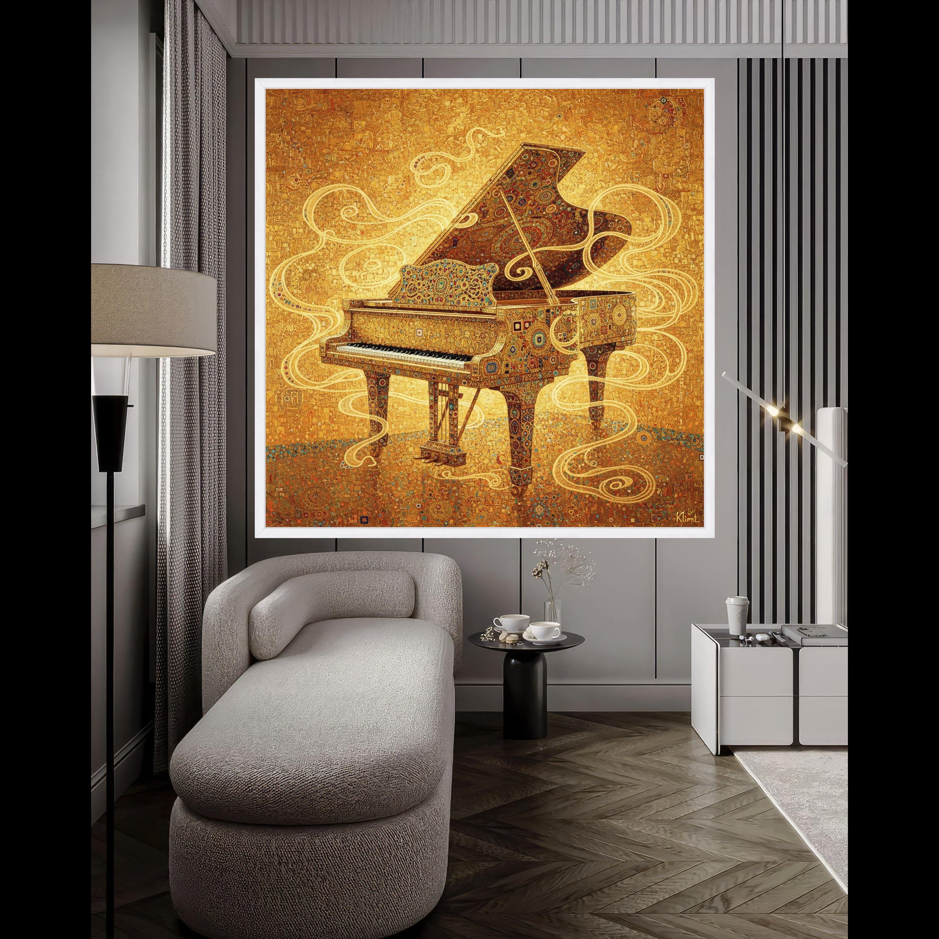 Gustav Klimt Grand Piano Canvas Wall Art, Golden Decorative Music Theme, Ornate Piano Painting, Artistic Home Decor, Ready to Ready To Hang,