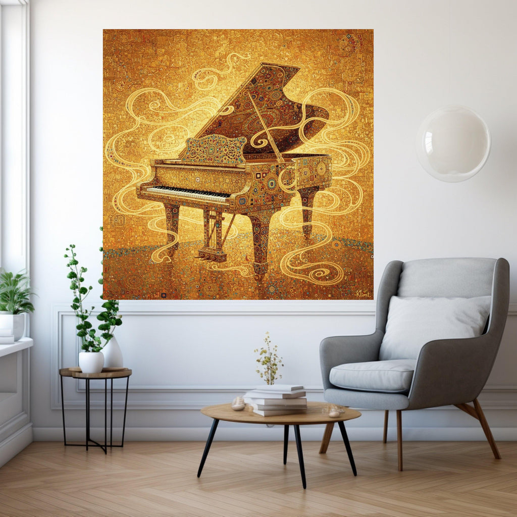 Gustav Klimt Grand Piano Canvas Wall Art, Golden Decorative Music Theme, Ornate Piano Painting, Artistic Home Decor, Ready to Ready To Hang,
