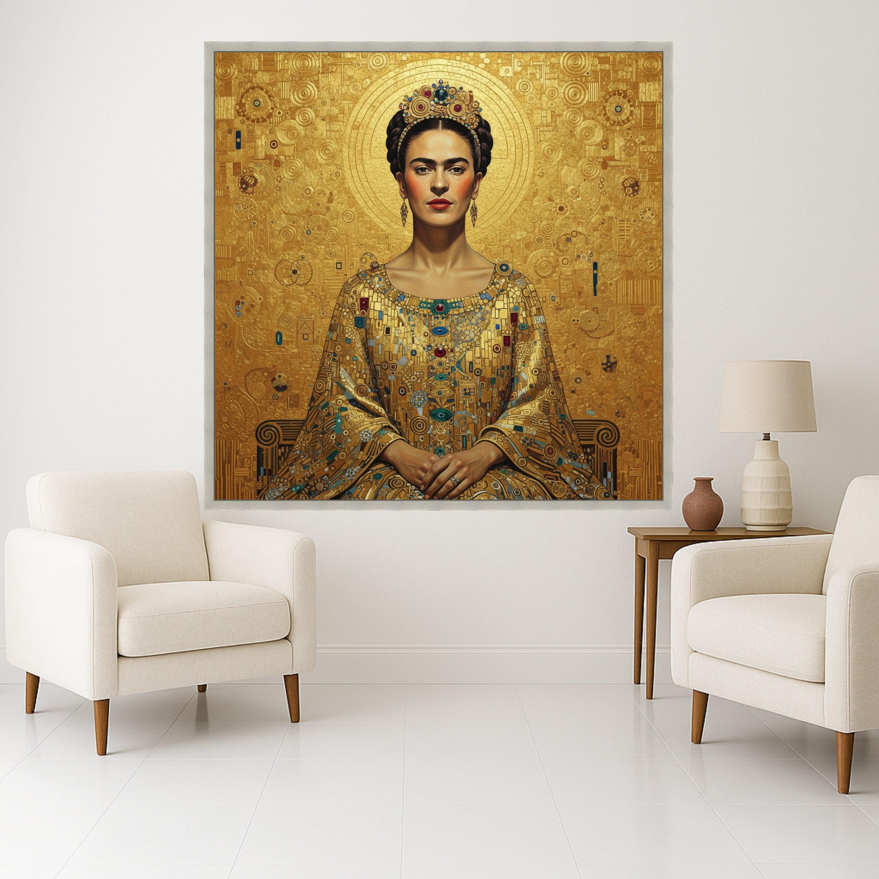 Frida Kahlo Portrait Canvas, Gustav Klimt Gold Pattern, Regal Woman Wall Art, Ornate Decorative Canvas, Modern Classic Home Ready To Hang,