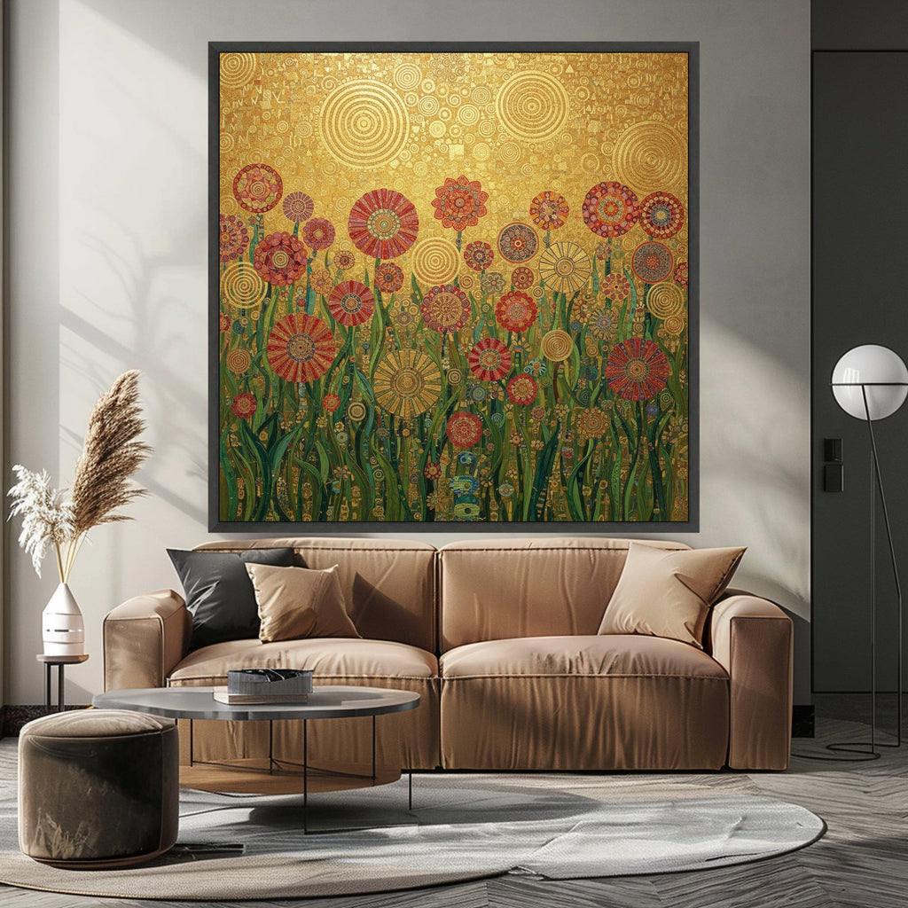 Gustav Klimt Floral Canvas Wall Art, Decorative Garden Flowers, Golden Abstract Canvas, Botanical Home Decoration, Ready to Ready To Hang,