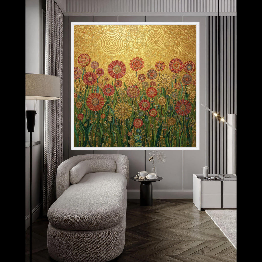 Gustav Klimt Floral Canvas Wall Art, Decorative Garden Flowers, Golden Abstract Canvas, Botanical Home Decoration, Ready to Ready To Hang,