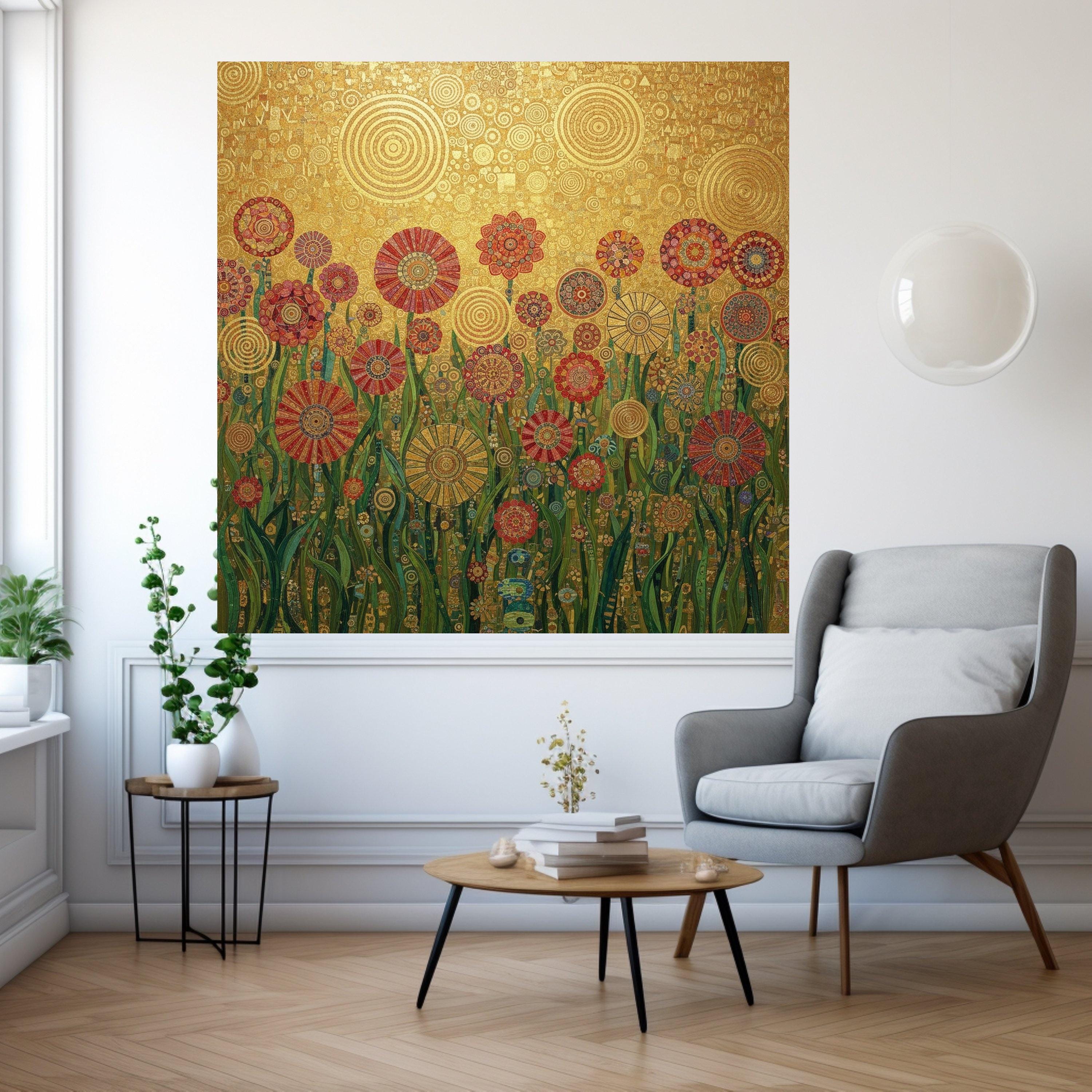 Gustav Klimt Floral Canvas Wall Art, Decorative Garden Flowers, Golden Abstract Canvas, Botanical Home Decoration, Ready to Ready To Hang,
