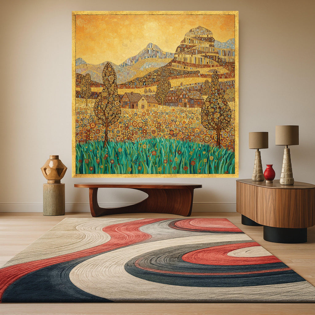 Vibrant Village Landscape Canvas Wall Art by Gustav Klimt, Decorative Nature Scene, Patterned Hills and Trees, Floral Meadow Ready To Hang,