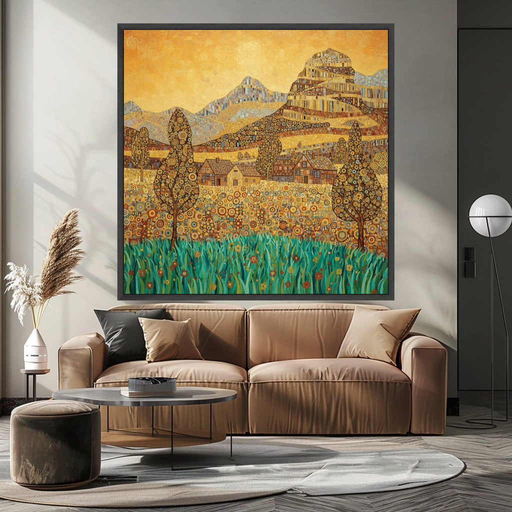 Vibrant Village Landscape Canvas Wall Art by Gustav Klimt, Decorative Nature Scene, Patterned Hills and Trees, Floral Meadow Ready To Hang,
