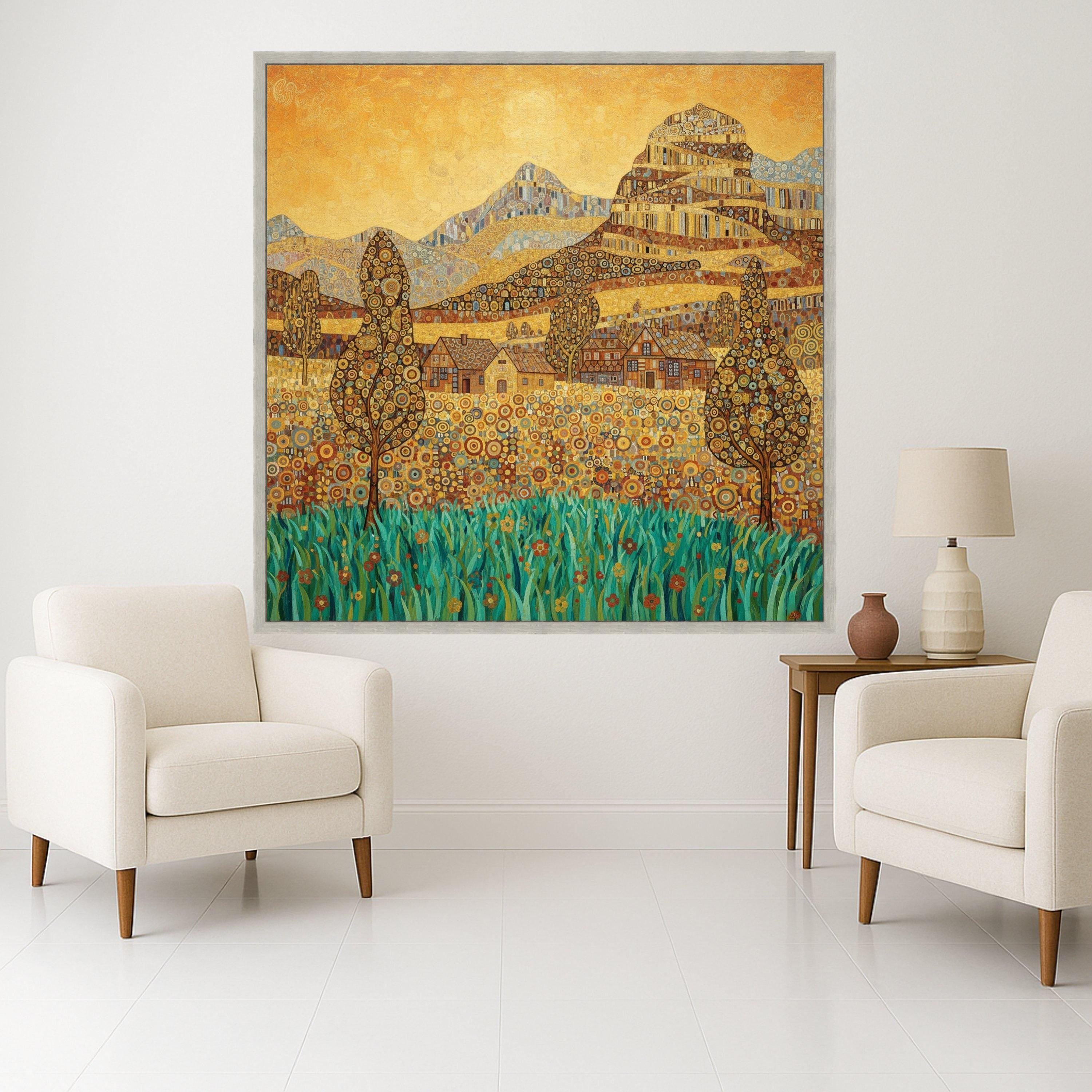 Vibrant Village Landscape Canvas Wall Art by Gustav Klimt, Decorative Nature Scene, Patterned Hills and Trees, Floral Meadow Ready To Hang,