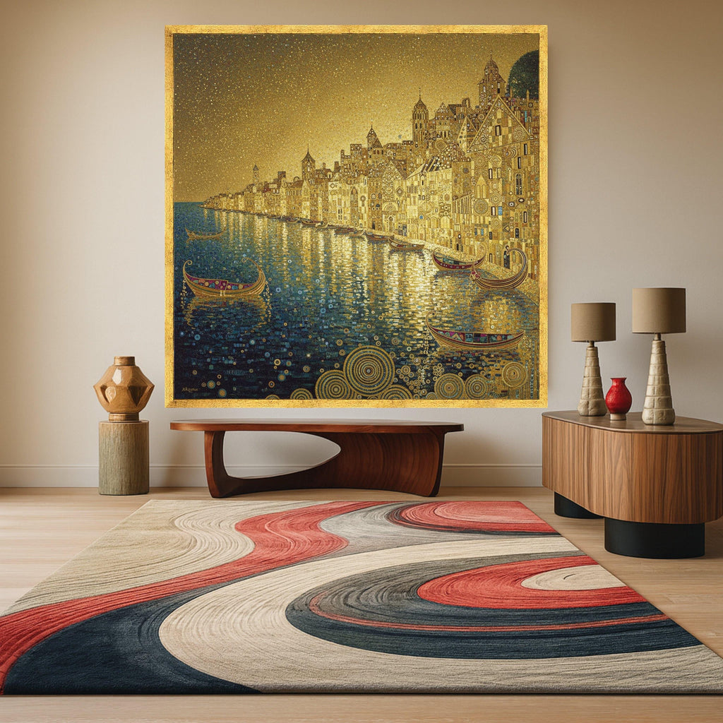 Golden Venetian Canal Scene Canvas, Gustav Klimt Cityscape, Decorative Wall Art, Luxurious Home Decor, Ready to Hang Artwork Ready To Hang,