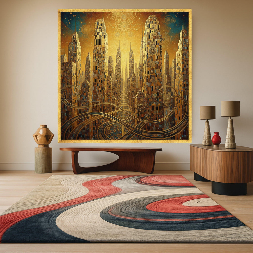 Golden Futuristic Cityscape Canvas, Gustav Klimt Abstract Architecture Wall Art, Urban Skyline Decoration, Modern Living Room Ready To Hang,