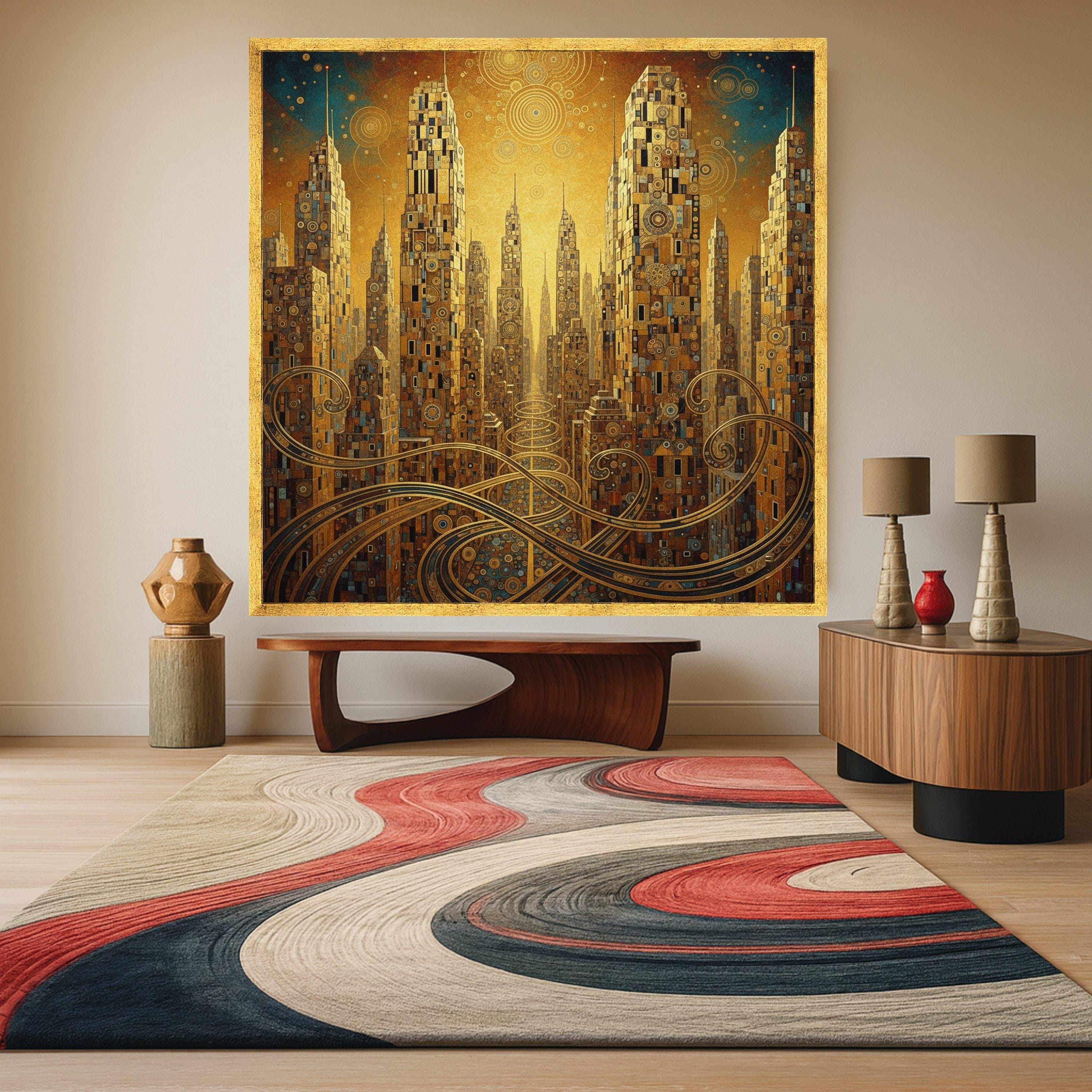 Golden Futuristic Cityscape Canvas, Gustav Klimt Abstract Architecture Wall Art, Urban Skyline Decoration, Modern Living Room Ready To Hang,