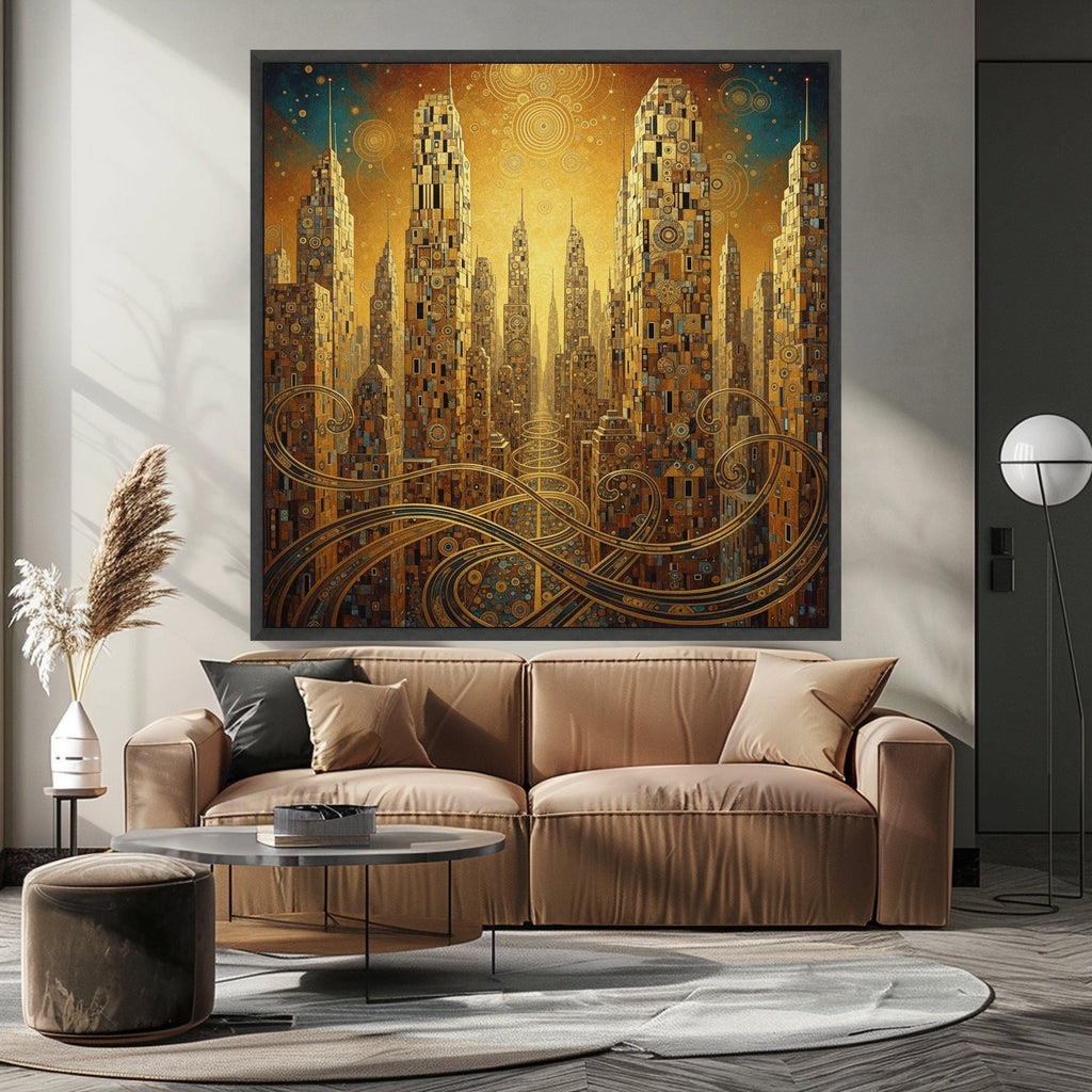Golden Futuristic Cityscape Canvas, Gustav Klimt Abstract Architecture Wall Art, Urban Skyline Decoration, Modern Living Room Ready To Hang,