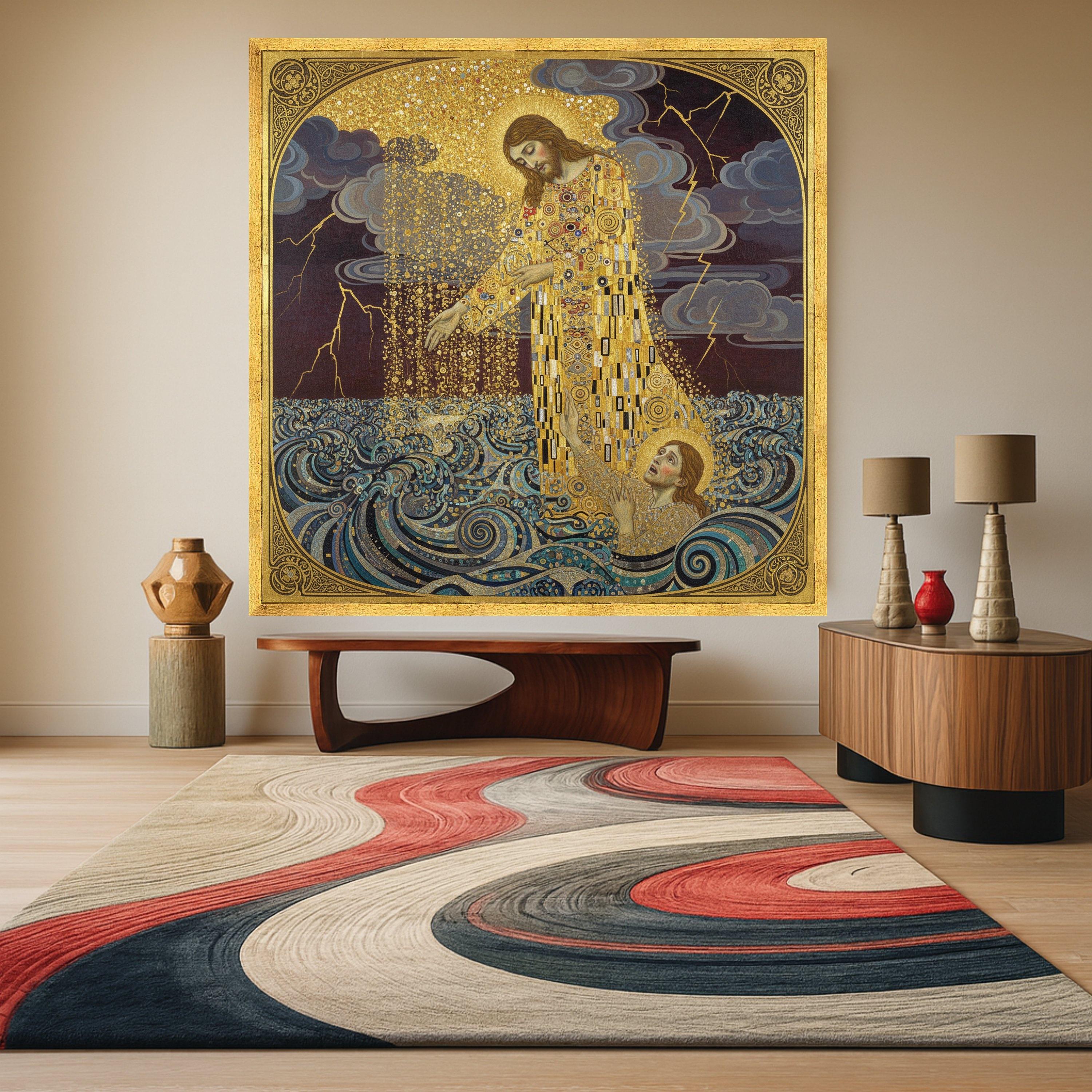 Gustav Klimt Jesus Saving Saint Peter Canvas Wall Art, Religious Gold Embellished Christian Painting, Spiritual Wall Decor, Ready To Hang,