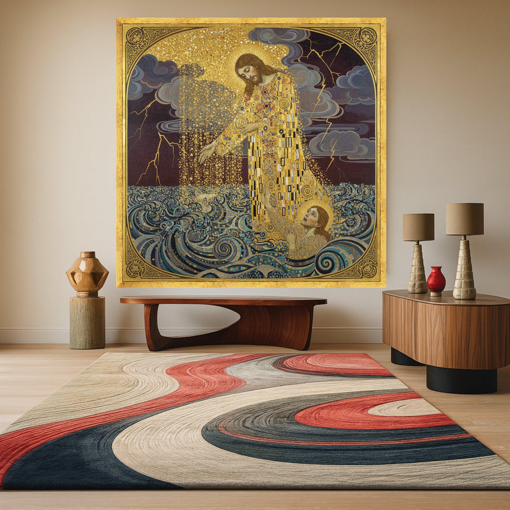 Gustav Klimt Jesus Saving Saint Peter Canvas Wall Art, Religious Gold Embellished Christian Painting, Spiritual Wall Decor, Ready To Hang,