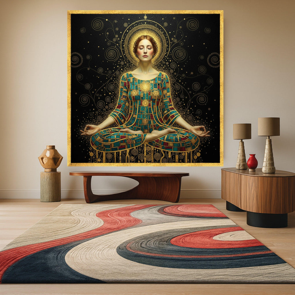 Meditative Woman in Gustav Klimt Art, Gold Mosaic Yoga Canvas, Spiritual Wall Decor, Abstract Female Portrait, Modern Canvas Ready To Hang,