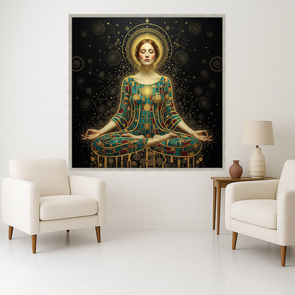 Meditative Woman in Gustav Klimt Art, Gold Mosaic Yoga Canvas, Spiritual Wall Decor, Abstract Female Portrait, Modern Canvas Ready To Hang,