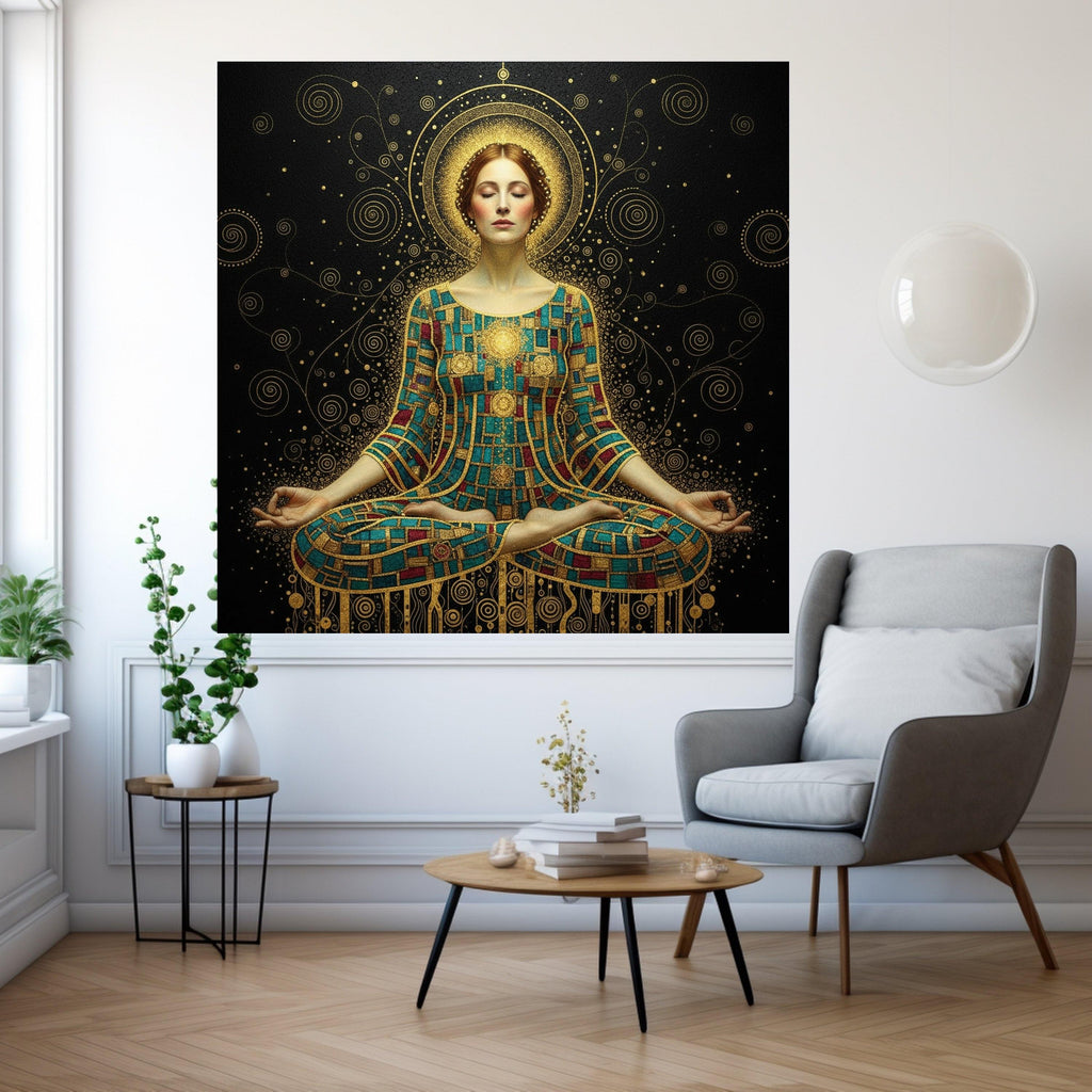 Meditative Woman in Gustav Klimt Art, Gold Mosaic Yoga Canvas, Spiritual Wall Decor, Abstract Female Portrait, Modern Canvas Ready To Hang,