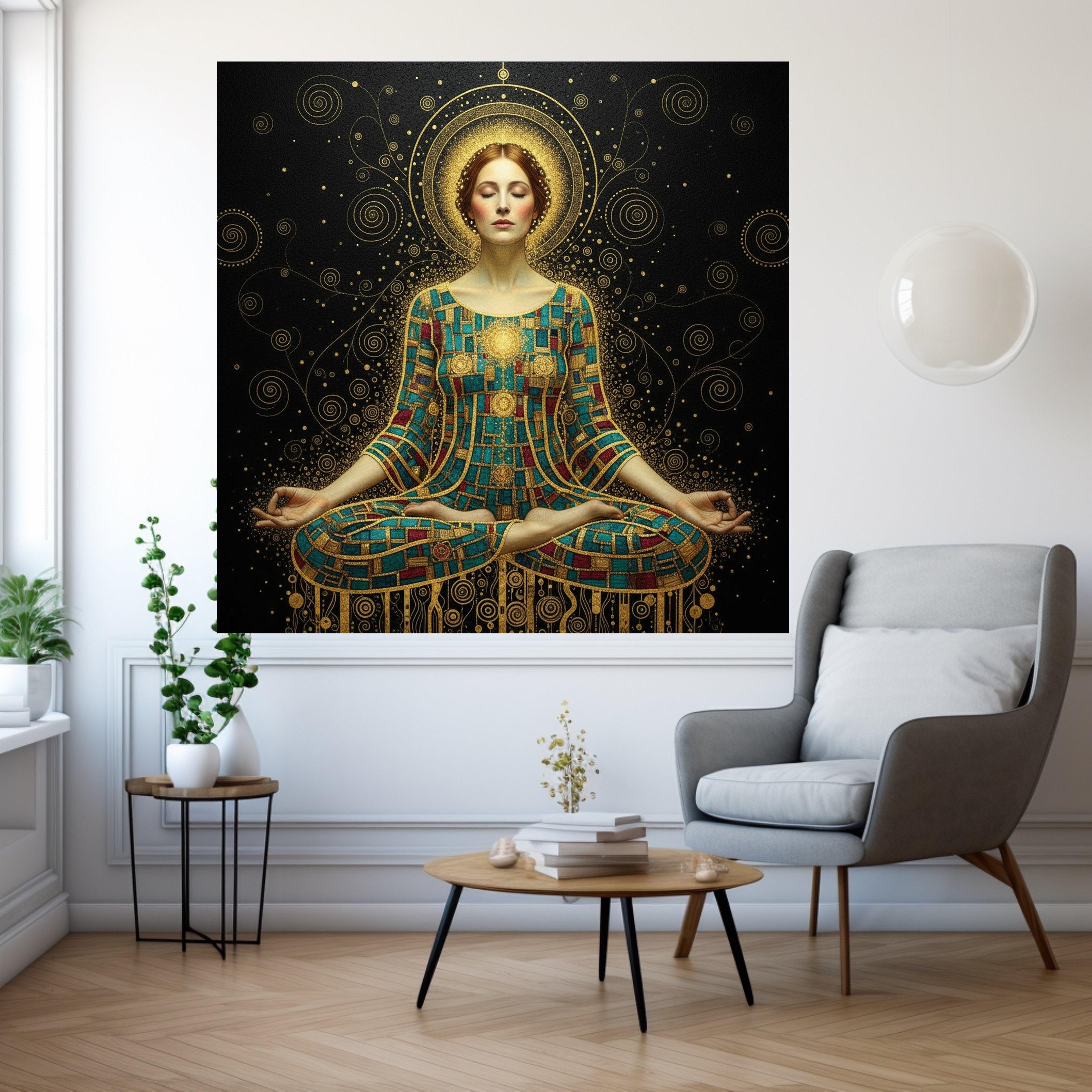 Meditative Woman in Gustav Klimt Art, Gold Mosaic Yoga Canvas, Spiritual Wall Decor, Abstract Female Portrait, Modern Canvas Ready To Hang,