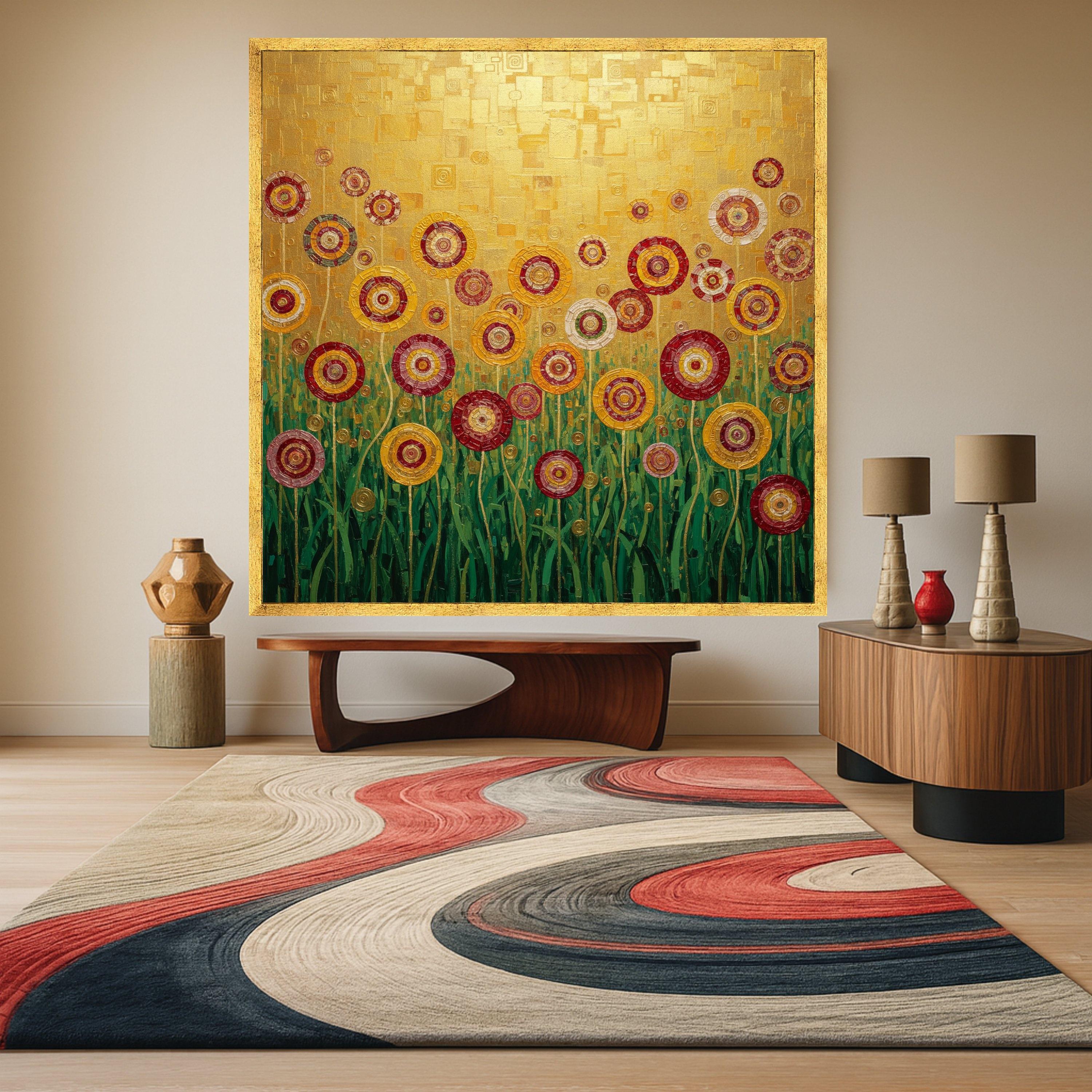 Gustav Klimt Floral Circles Canvas, Abstract Flowers Wall Art, Gold and Red Garden Canvas, Modern Home Decor, Ready to Hang Ready To Hang,