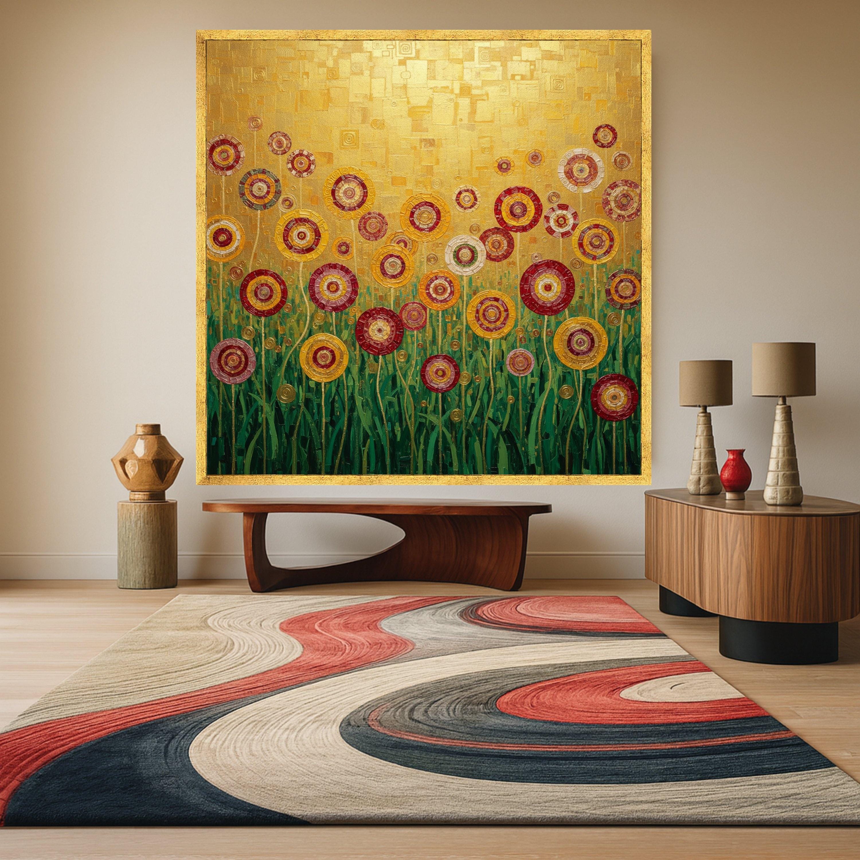 Gustav Klimt Floral Circles Canvas, Abstract Flowers Wall Art, Gold and Red Garden Canvas, Modern Home Decor, Ready to Hang Ready To Hang,