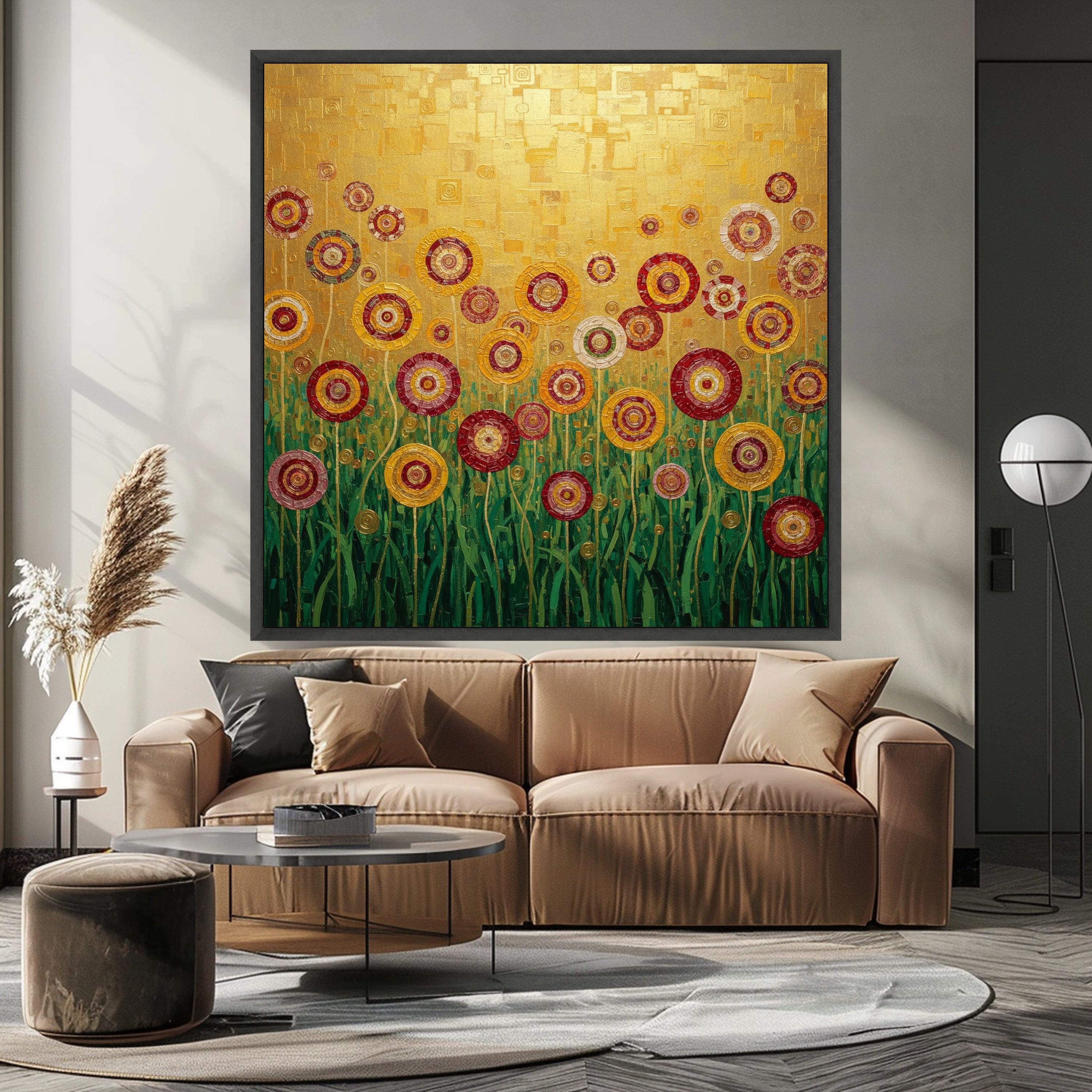 Gustav Klimt Floral Circles Canvas, Abstract Flowers Wall Art, Gold and Red Garden Canvas, Modern Home Decor, Ready to Hang Ready To Hang,