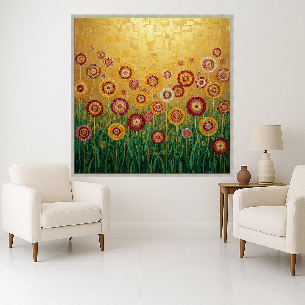 Gustav Klimt Floral Circles Canvas, Abstract Flowers Wall Art, Gold and Red Garden Canvas, Modern Home Decor, Ready to Hang Ready To Hang,