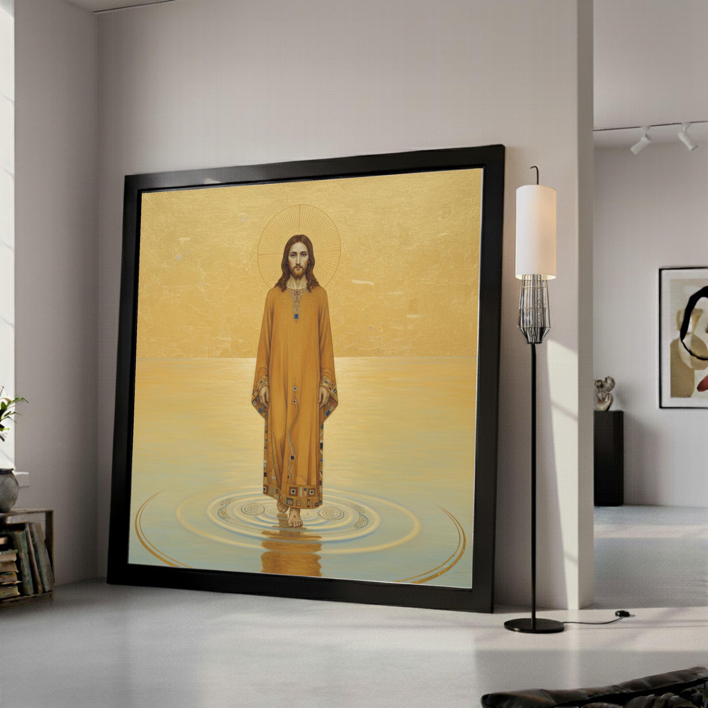 Gustav Klimt Jesus Walking on Water Canvas Wall Art, Religious Icon Canvas, Spiritual Christian Artwork, Gold Tone Home Ready To Hang,