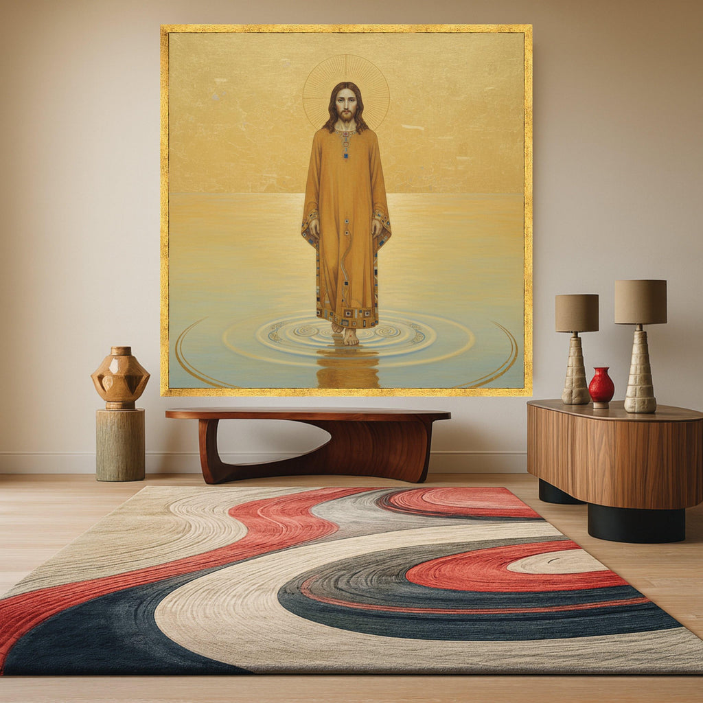 Gustav Klimt Jesus Walking on Water Canvas Wall Art, Religious Icon Canvas, Spiritual Christian Artwork, Gold Tone Home Ready To Hang,