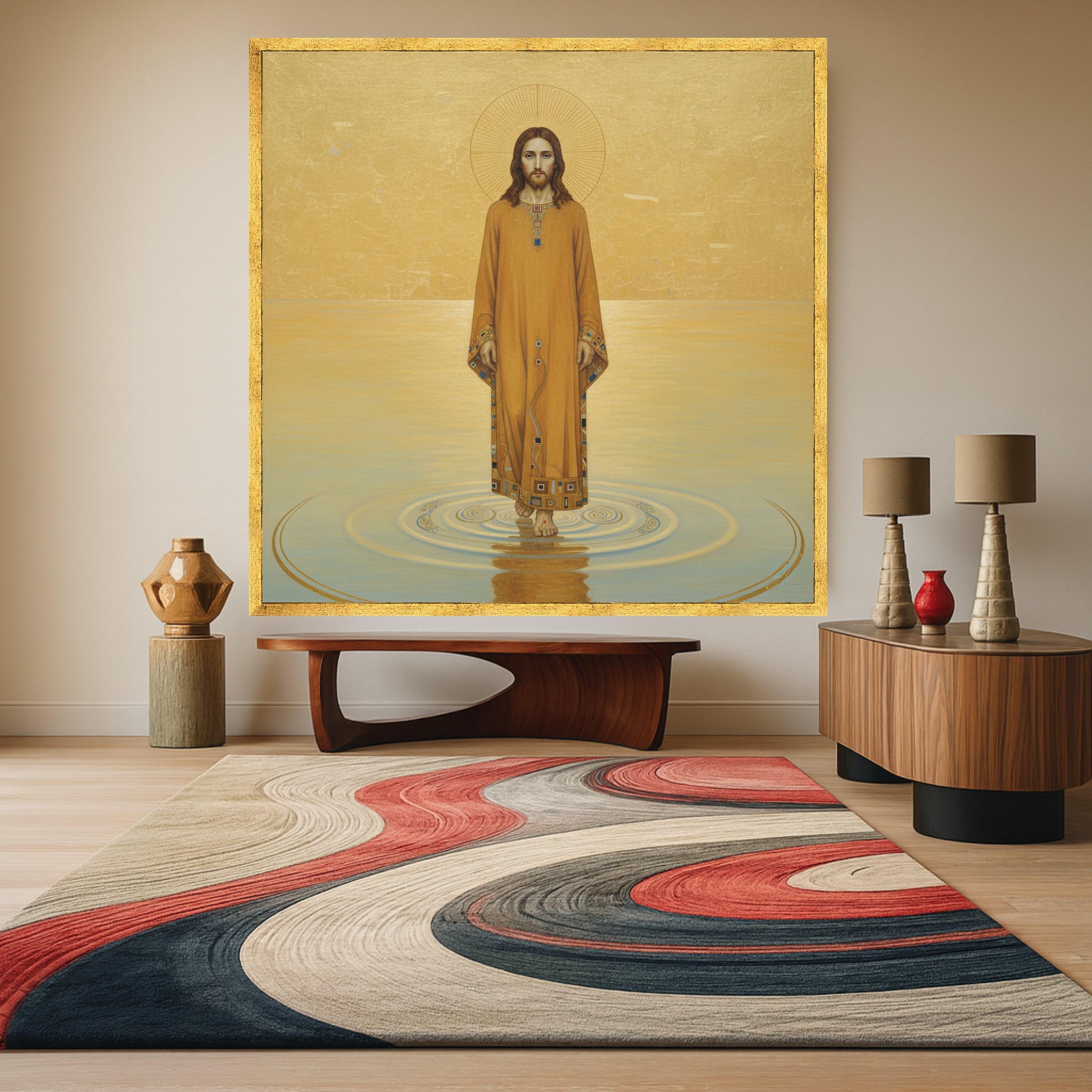 Gustav Klimt Jesus Walking on Water Canvas Wall Art, Religious Icon Canvas, Spiritual Christian Artwork, Gold Tone Home Ready To Hang,