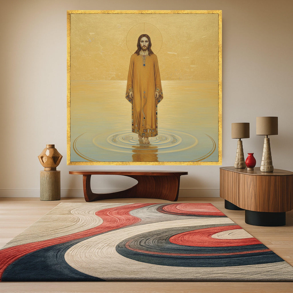 Gustav Klimt Jesus Walking on Water Canvas Wall Art, Religious Icon Canvas, Spiritual Christian Artwork, Gold Tone Home Ready To Hang,