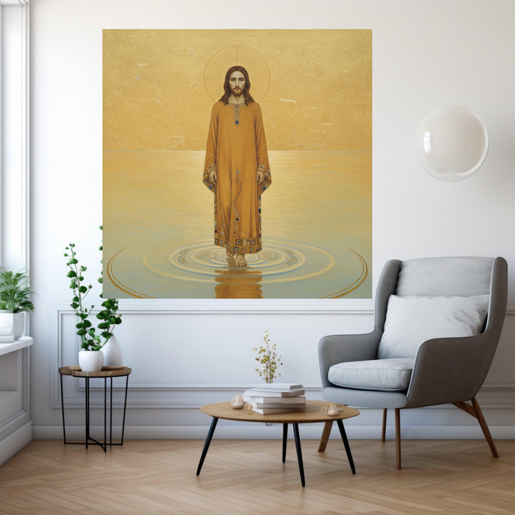 Gustav Klimt Jesus Walking on Water Canvas Wall Art, Religious Icon Canvas, Spiritual Christian Artwork, Gold Tone Home Ready To Hang,