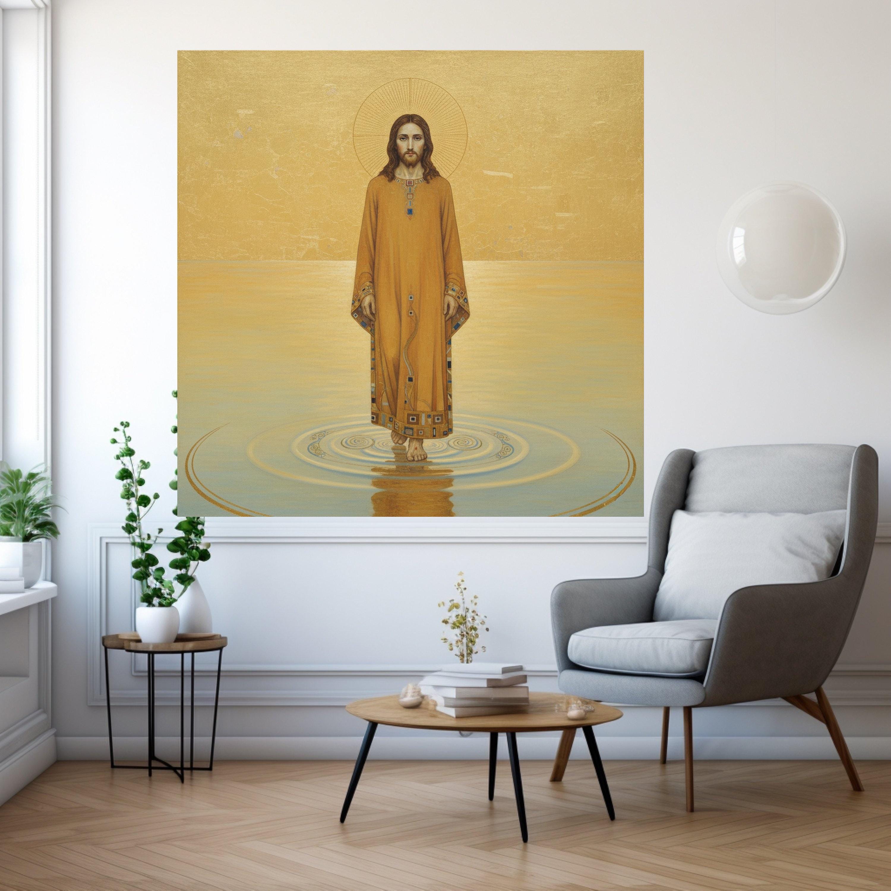 Gustav Klimt Jesus Walking on Water Canvas Wall Art, Religious Icon Canvas, Spiritual Christian Artwork, Gold Tone Home Ready To Hang,