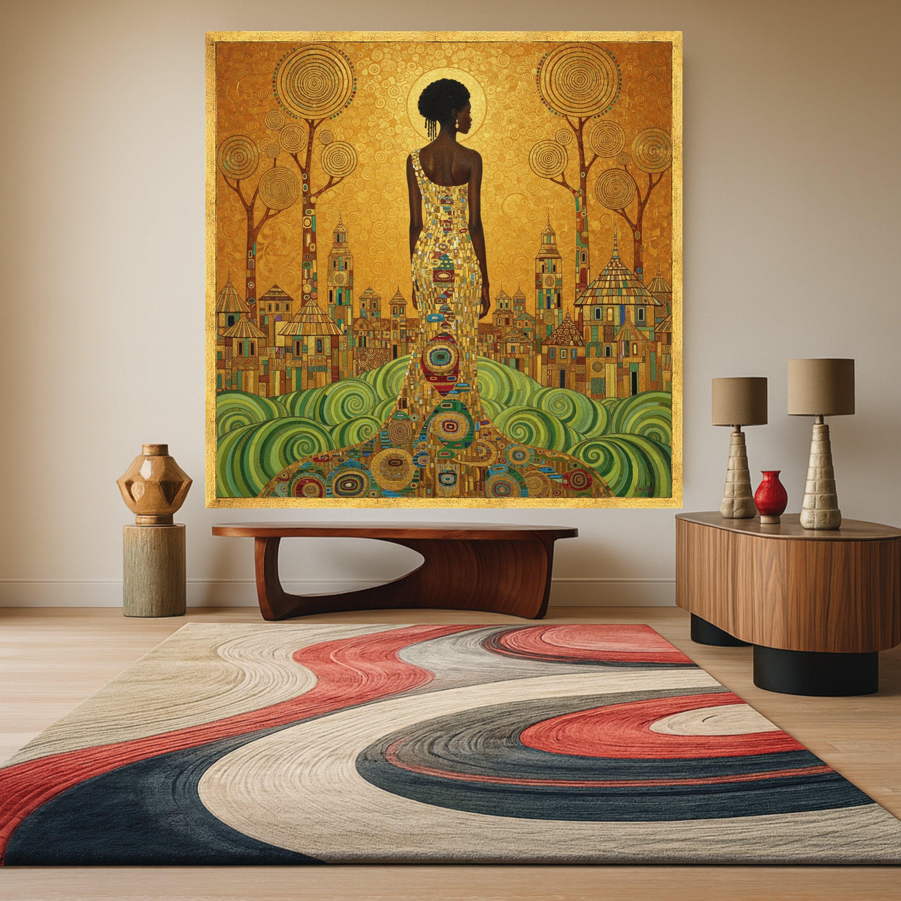 Gustav Klimt Elegant Woman Canvas Wall Art, Gold and Green Abstract Cityscape, Modern Figurative Canvas, Stylish Home Ready To Hang,