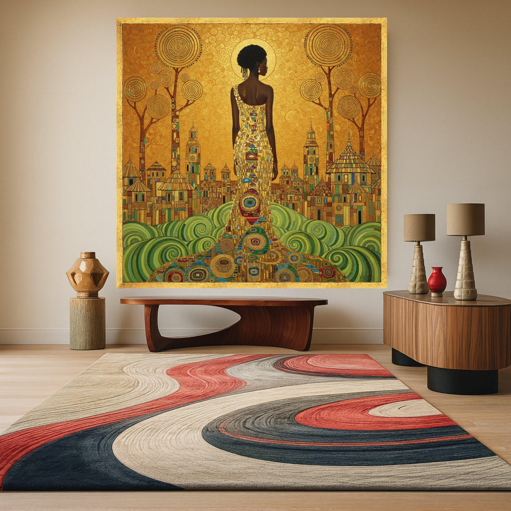 Gustav Klimt Elegant Woman Canvas Wall Art, Gold and Green Abstract Cityscape, Modern Figurative Canvas, Stylish Home Ready To Hang,