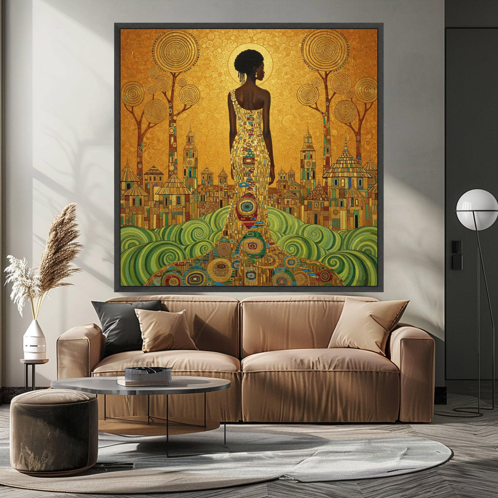 Gustav Klimt Elegant Woman Canvas Wall Art, Gold and Green Abstract Cityscape, Modern Figurative Canvas, Stylish Home Ready To Hang,