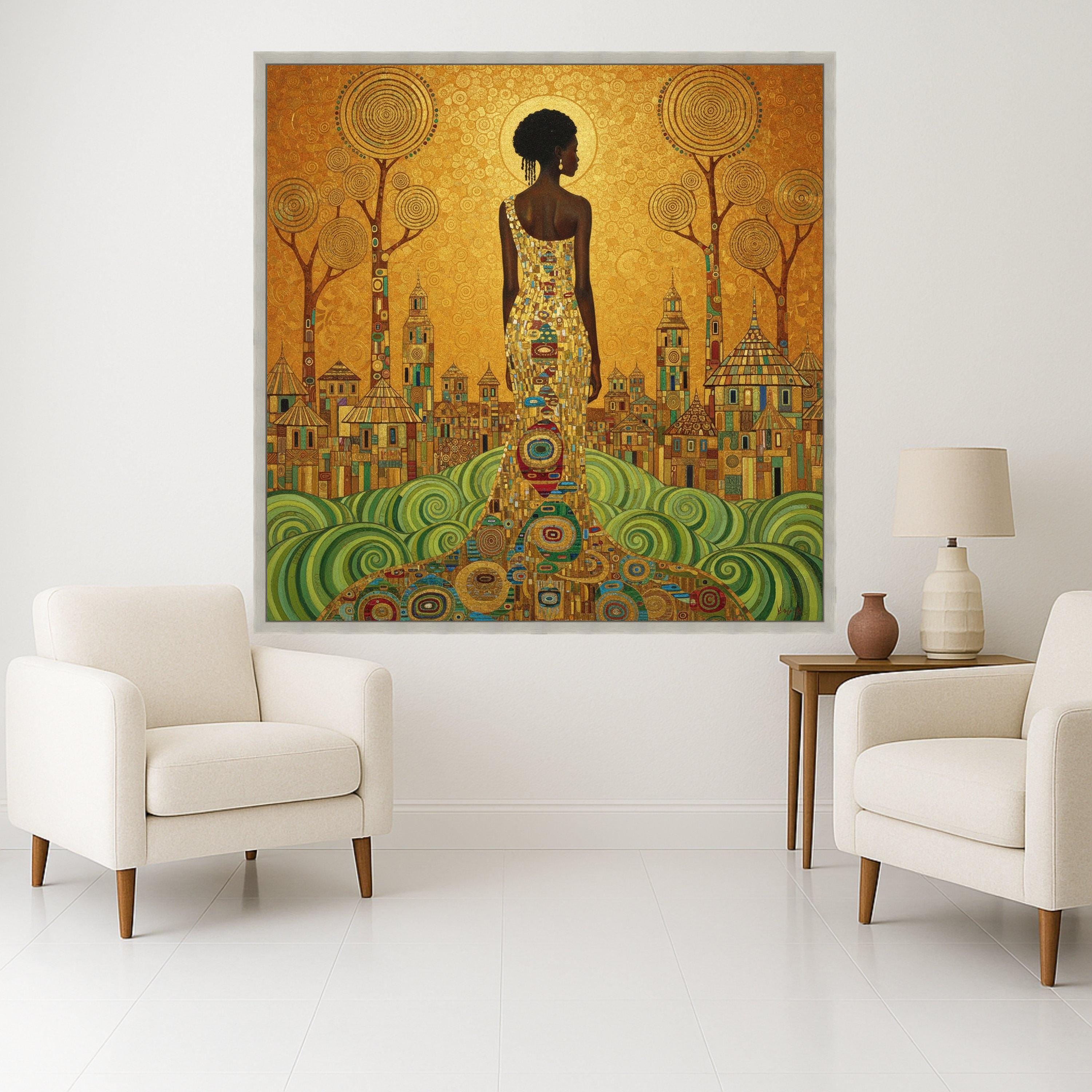 Gustav Klimt Elegant Woman Canvas Wall Art, Gold and Green Abstract Cityscape, Modern Figurative Canvas, Stylish Home Ready To Hang,