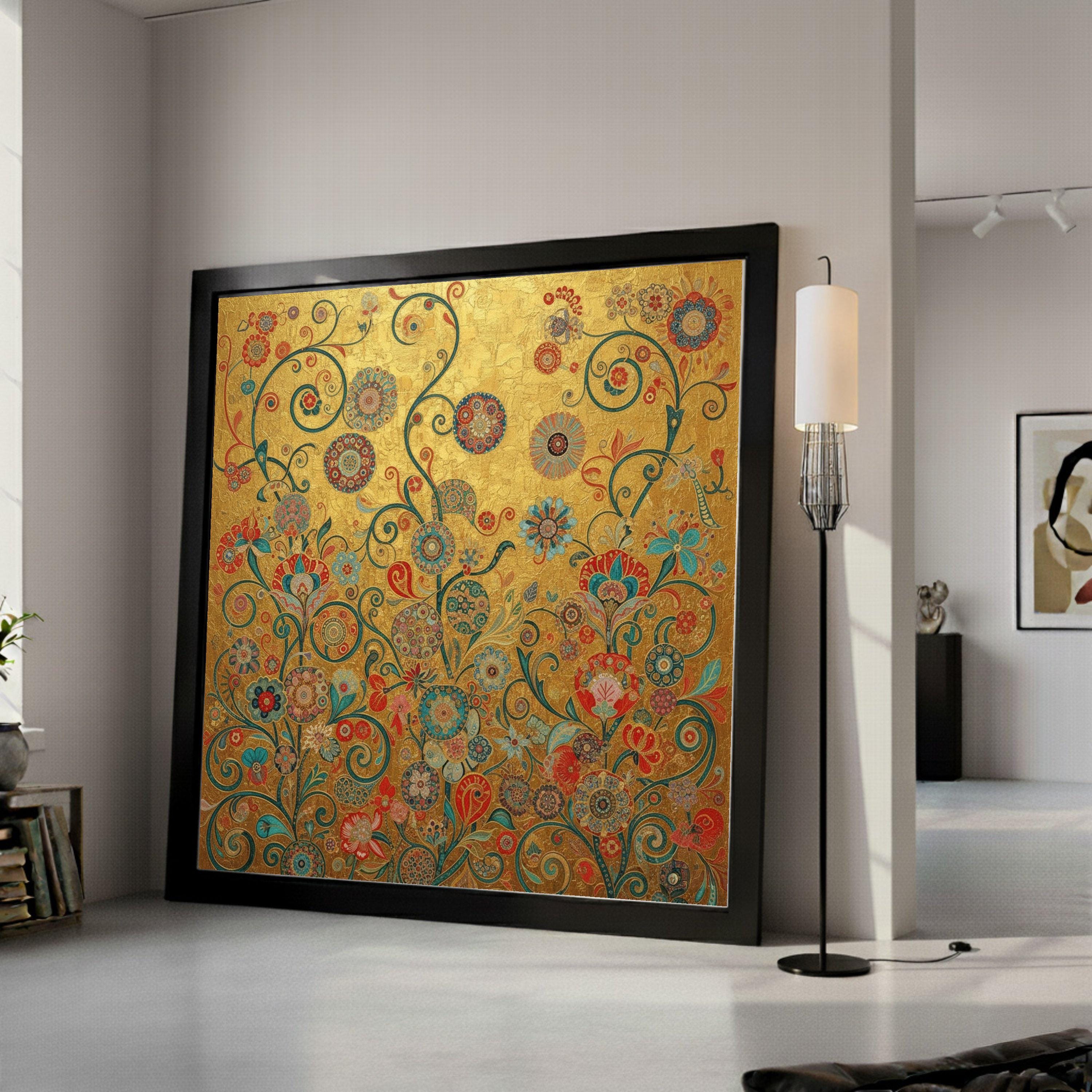 Gustav Klimt Floral Gold Canvas Wall Art, Decorative Flowers Canvas, Ornamental Nature Wall Decor, Elegant Home Decoration, Ready To Hang,