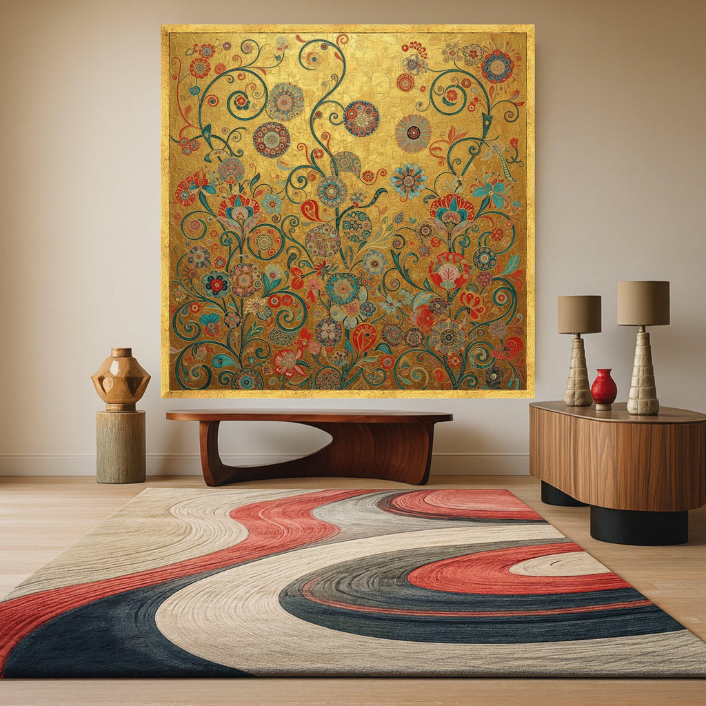 Gustav Klimt Floral Gold Canvas Wall Art, Decorative Flowers Canvas, Ornamental Nature Wall Decor, Elegant Home Decoration, Ready To Hang,
