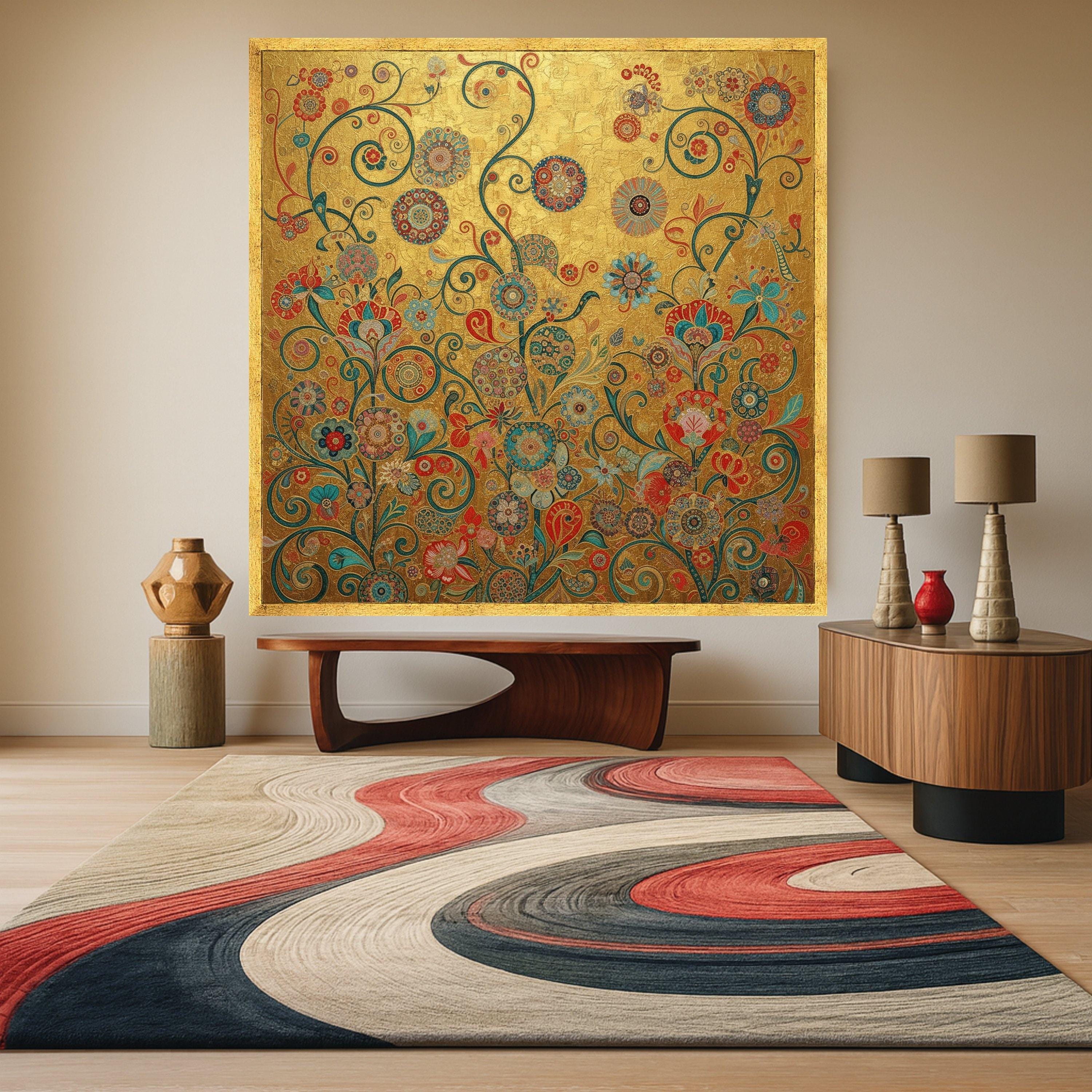 Gustav Klimt Floral Gold Canvas Wall Art, Decorative Flowers Canvas, Ornamental Nature Wall Decor, Elegant Home Decoration, Ready To Hang,