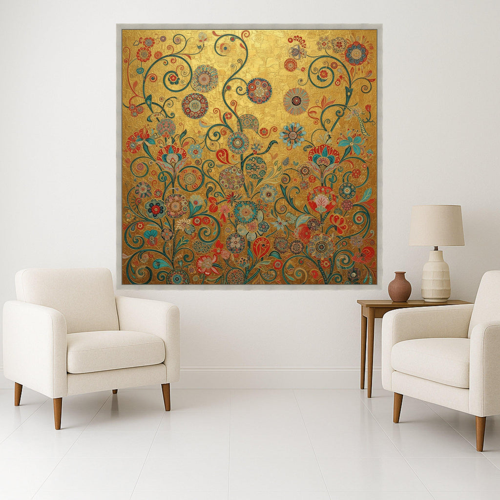 Gustav Klimt Floral Gold Canvas Wall Art, Decorative Flowers Canvas, Ornamental Nature Wall Decor, Elegant Home Decoration, Ready To Hang,