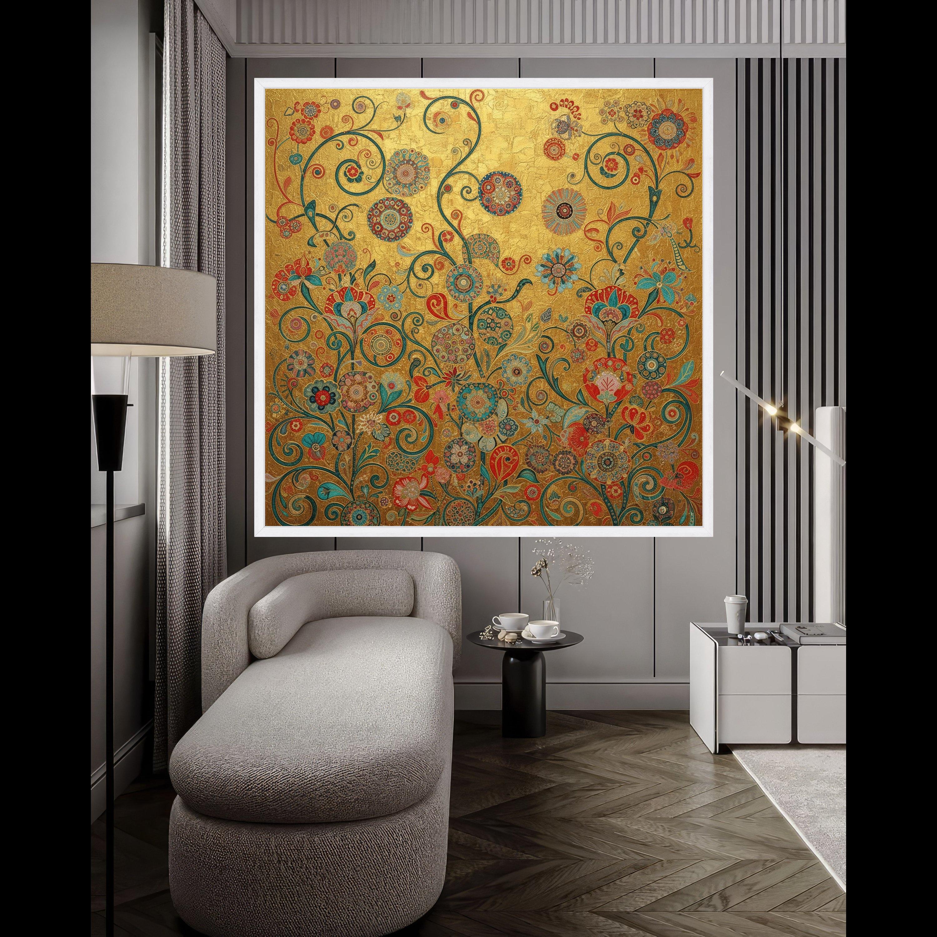 Gustav Klimt Floral Gold Canvas Wall Art, Decorative Flowers Canvas, Ornamental Nature Wall Decor, Elegant Home Decoration, Ready To Hang,