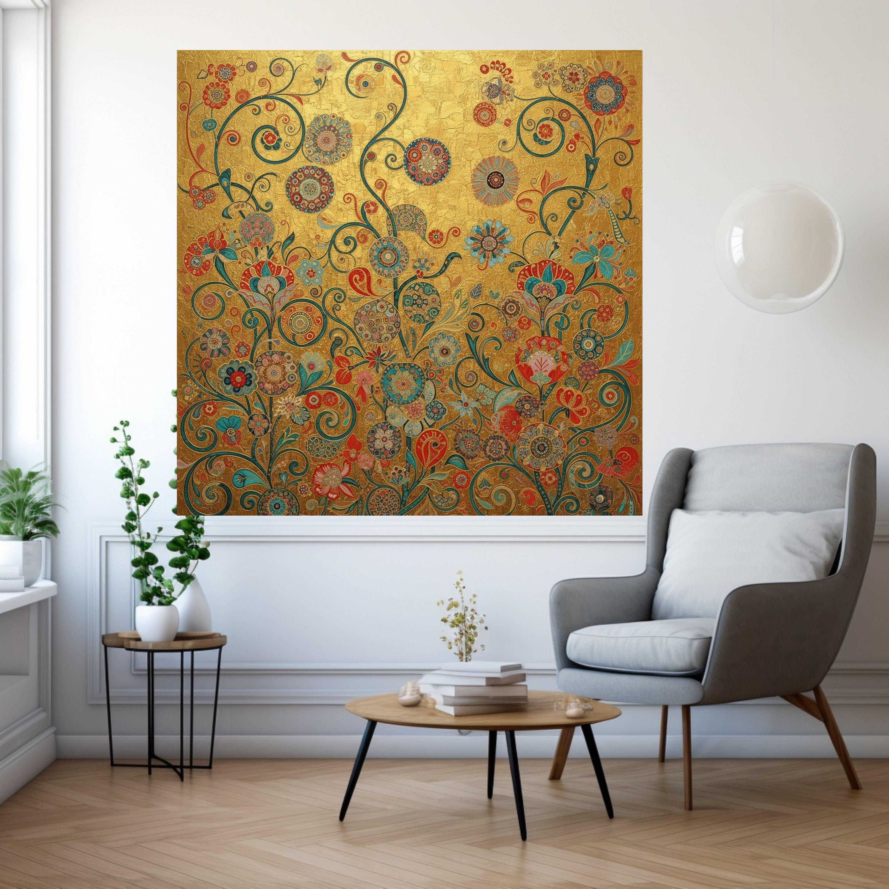 Gustav Klimt Floral Gold Canvas Wall Art, Decorative Flowers Canvas, Ornamental Nature Wall Decor, Elegant Home Decoration, Ready To Hang,