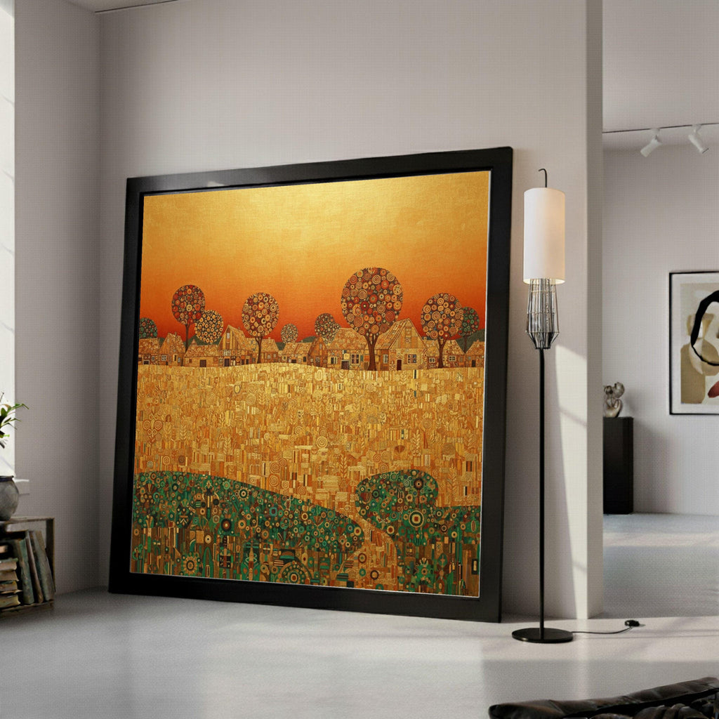 Gustav Klimt Golden Village Canvas Wall Art, Decorative Abstract Landscape, Autumn Trees and Houses, Modern Home Decor, Ready Ready To Hang,