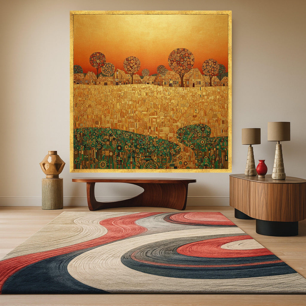 Gustav Klimt Golden Village Canvas Wall Art, Decorative Abstract Landscape, Autumn Trees and Houses, Modern Home Decor, Ready Ready To Hang,