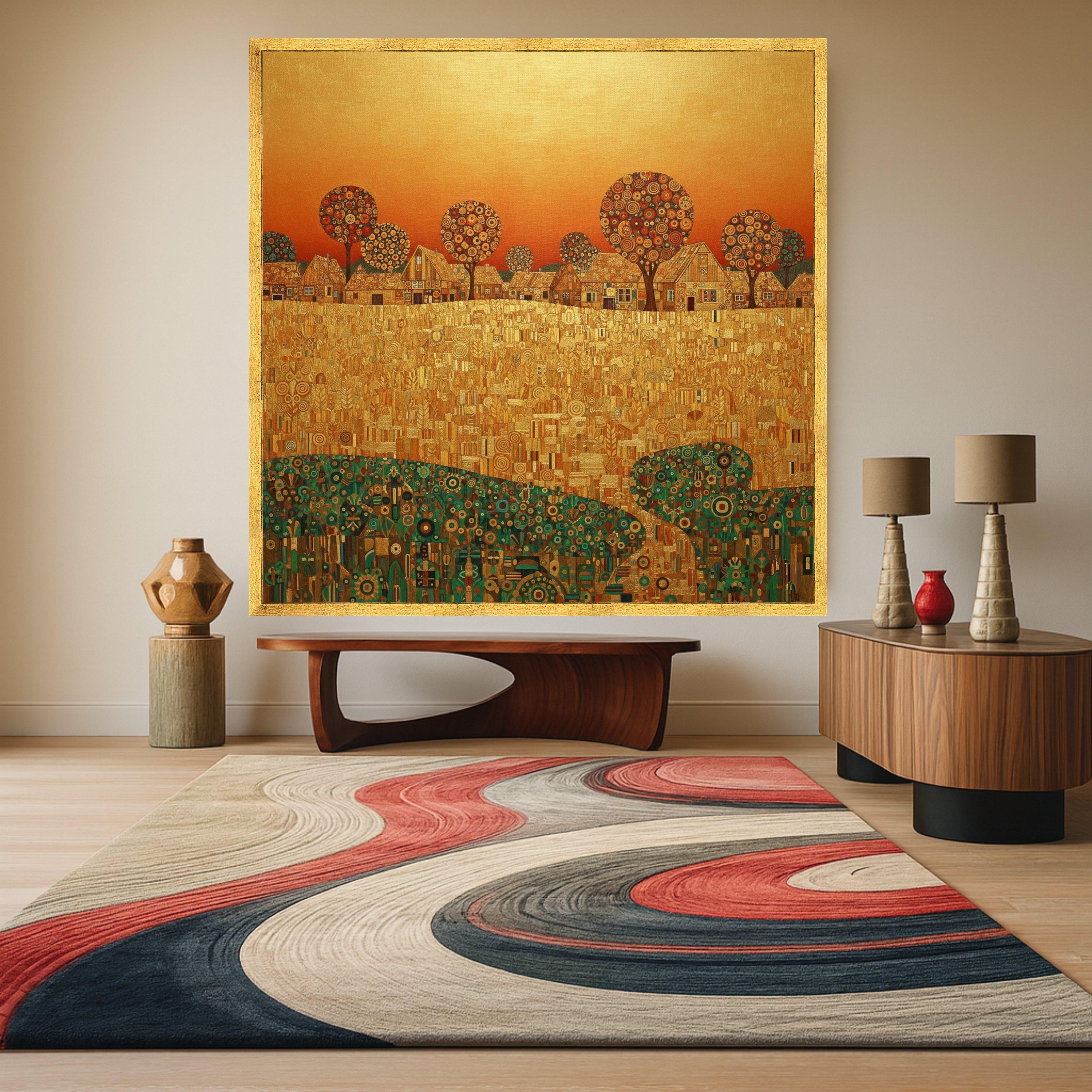 Gustav Klimt Golden Village Canvas Wall Art, Decorative Abstract Landscape, Autumn Trees and Houses, Modern Home Decor, Ready Ready To Hang,